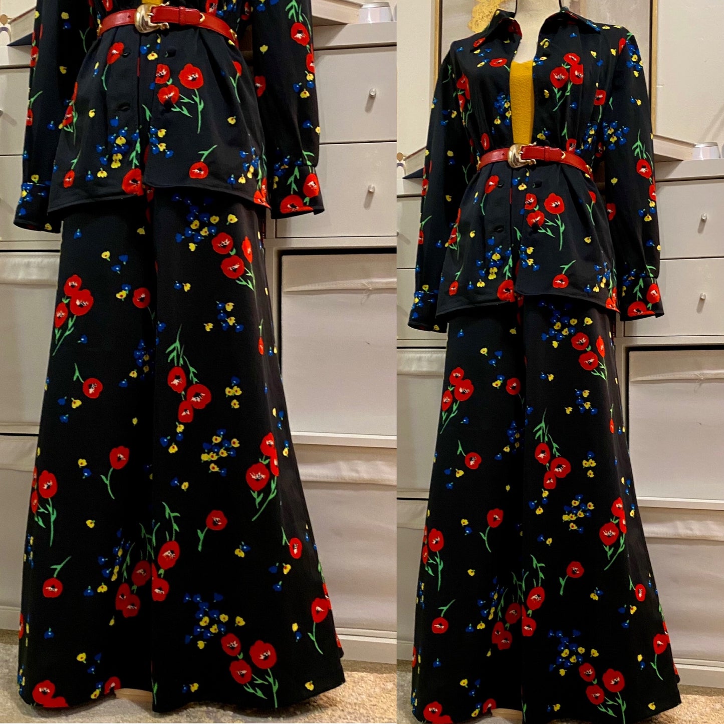 70's VOLUP 2-Piece Poppy Set - Shirt Jacket & High Rise Bell Bottoms (L/XL)