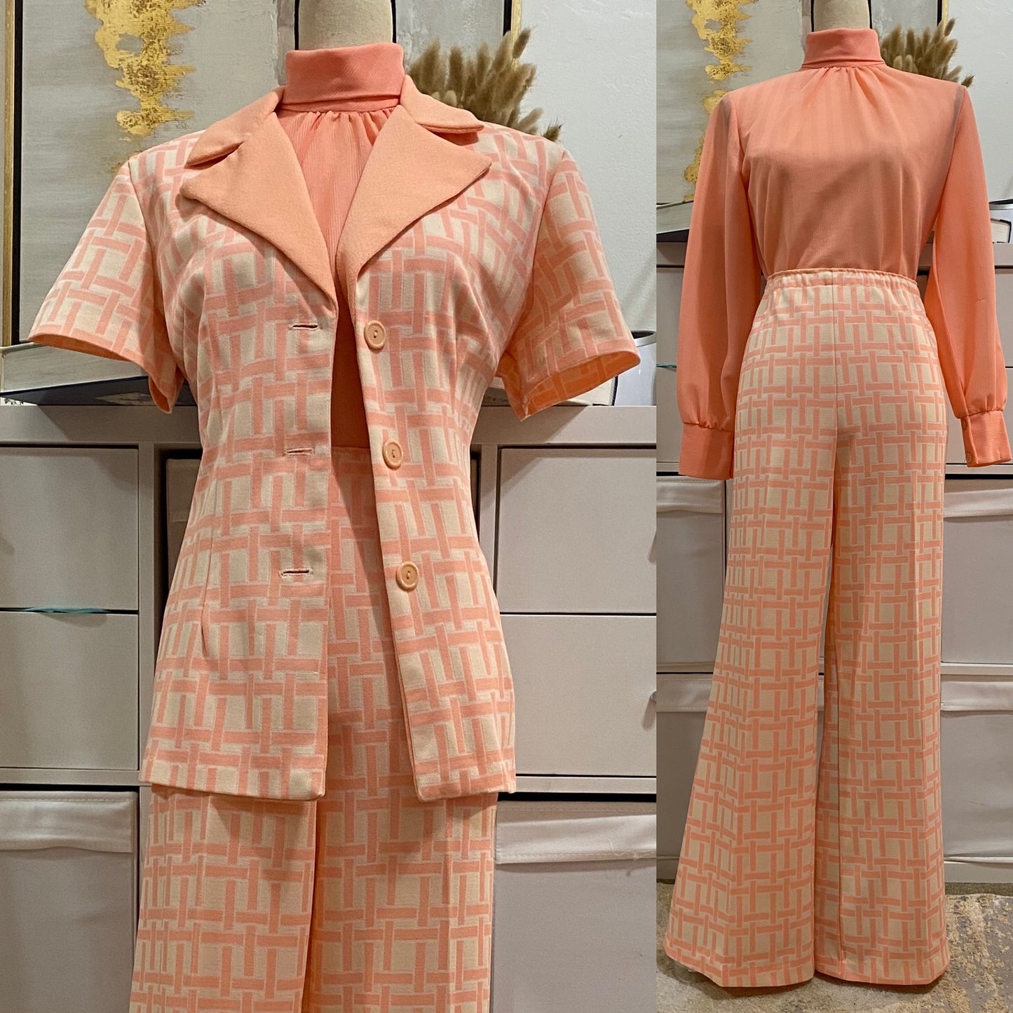 70's Peach Grid 2PC Wide Leg Pantsuit (L-XL)