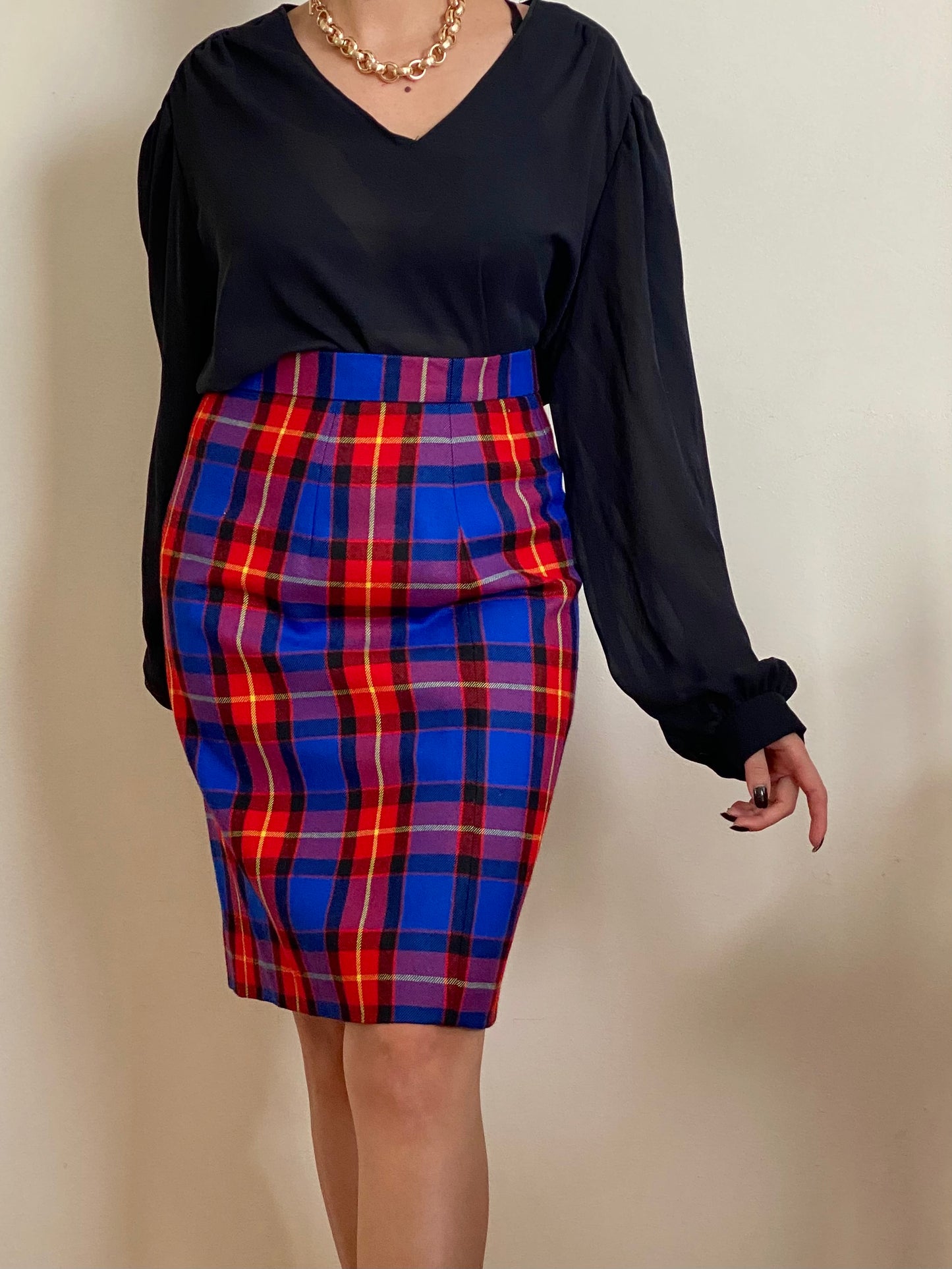 80's-90's ESCADA Plaid Rayon & Wool Knee Length Skirt (M)