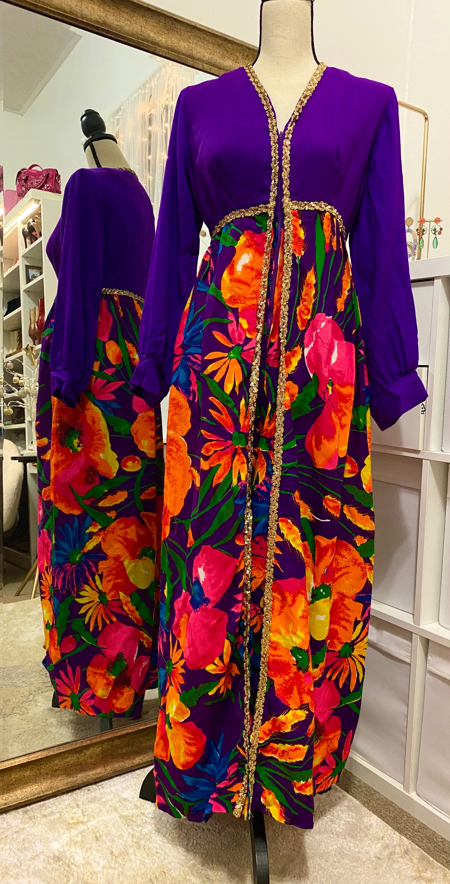 70's Floral Palazzo Jumpsuit with Gold Trim (S)