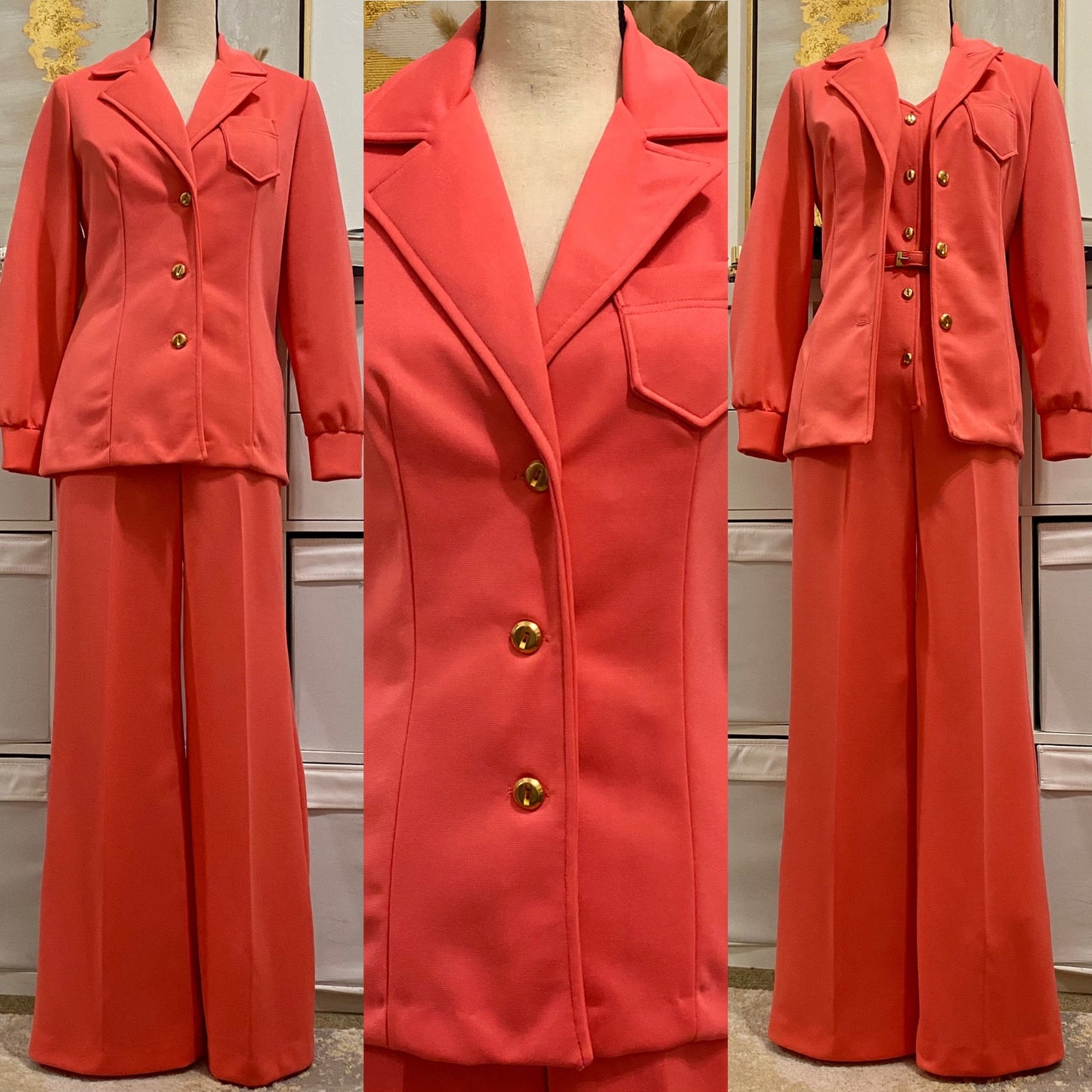 70's 3-Piece Set; Wide Leg Jumpsuit, Blazer & Belt (M)
