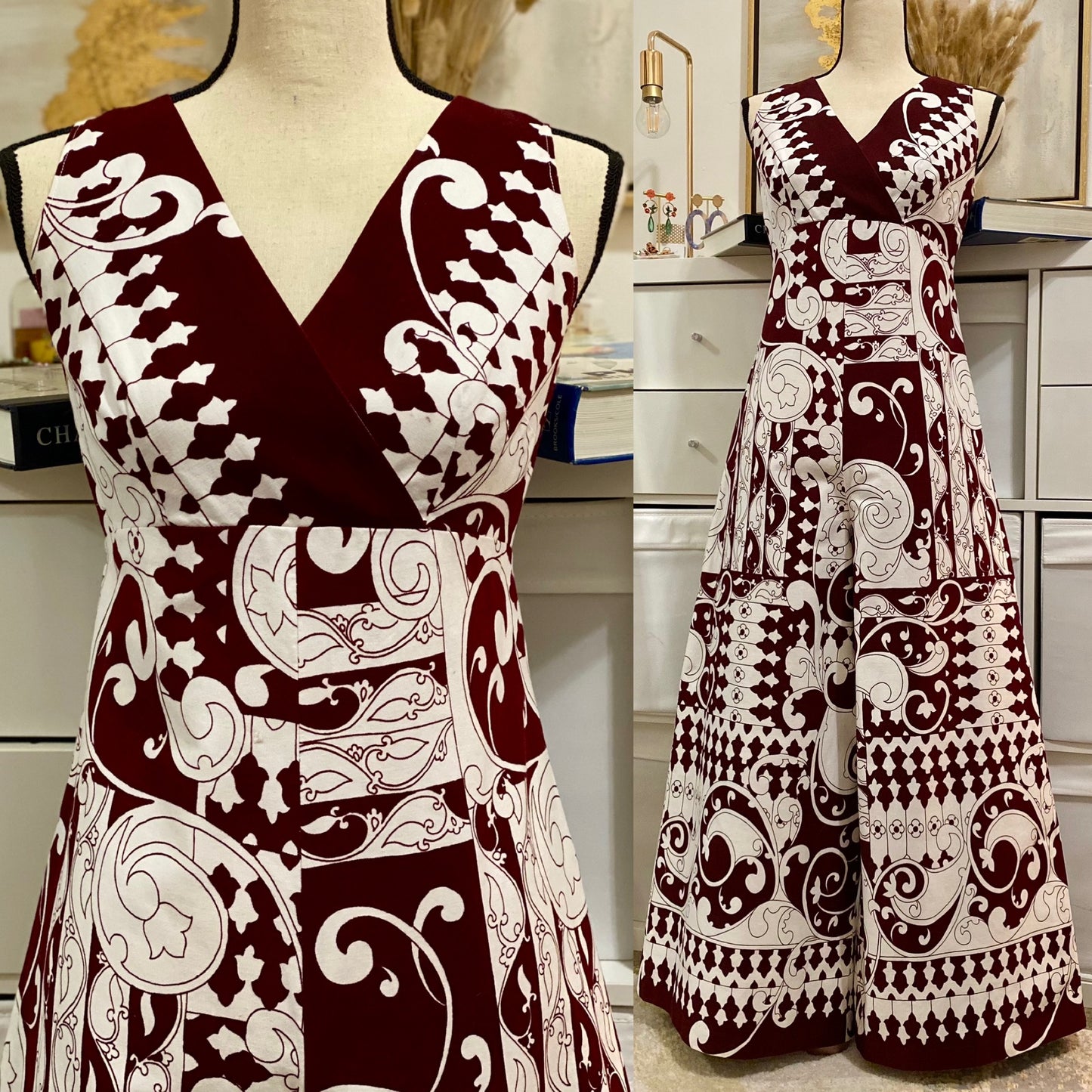 60’s-70s Psychedelic Maroon Bell Bottom Cotton Jumpsuit (M-L)