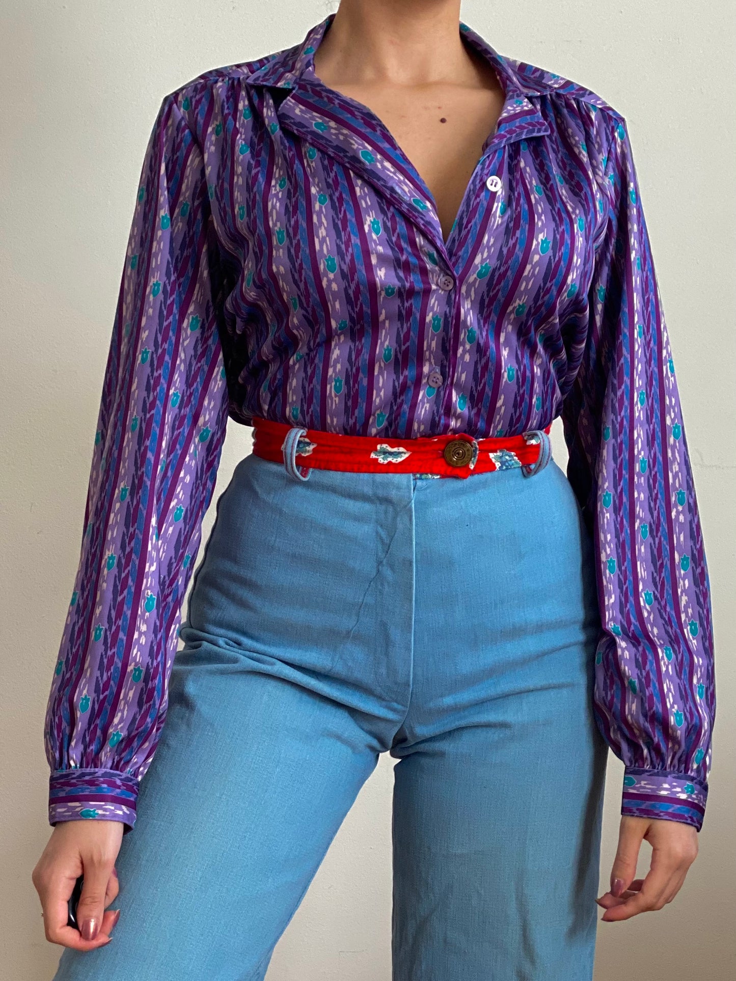 70's Purple Abstract Long Sleeve Blouse (S-M)
