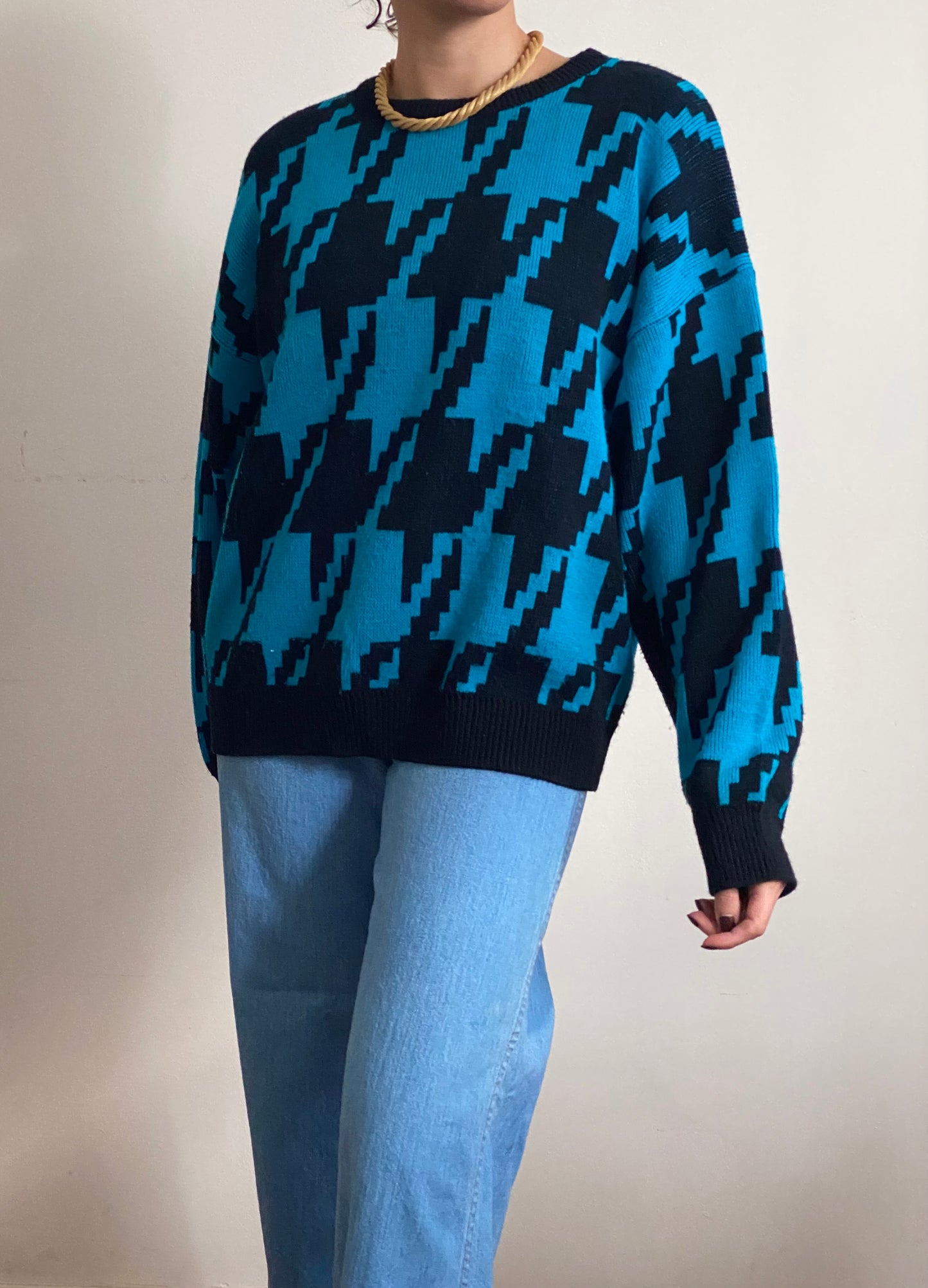 80's Geometric Long Sleeve Knit Sweater (M)