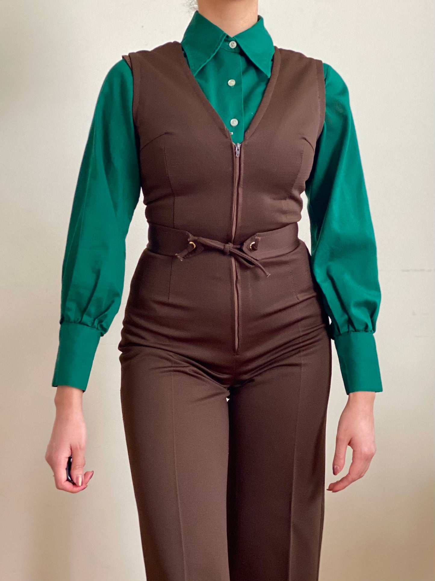 60's 70's Bishop Sleeves Pointy Collar Green Cotton Blouse (XS-S)