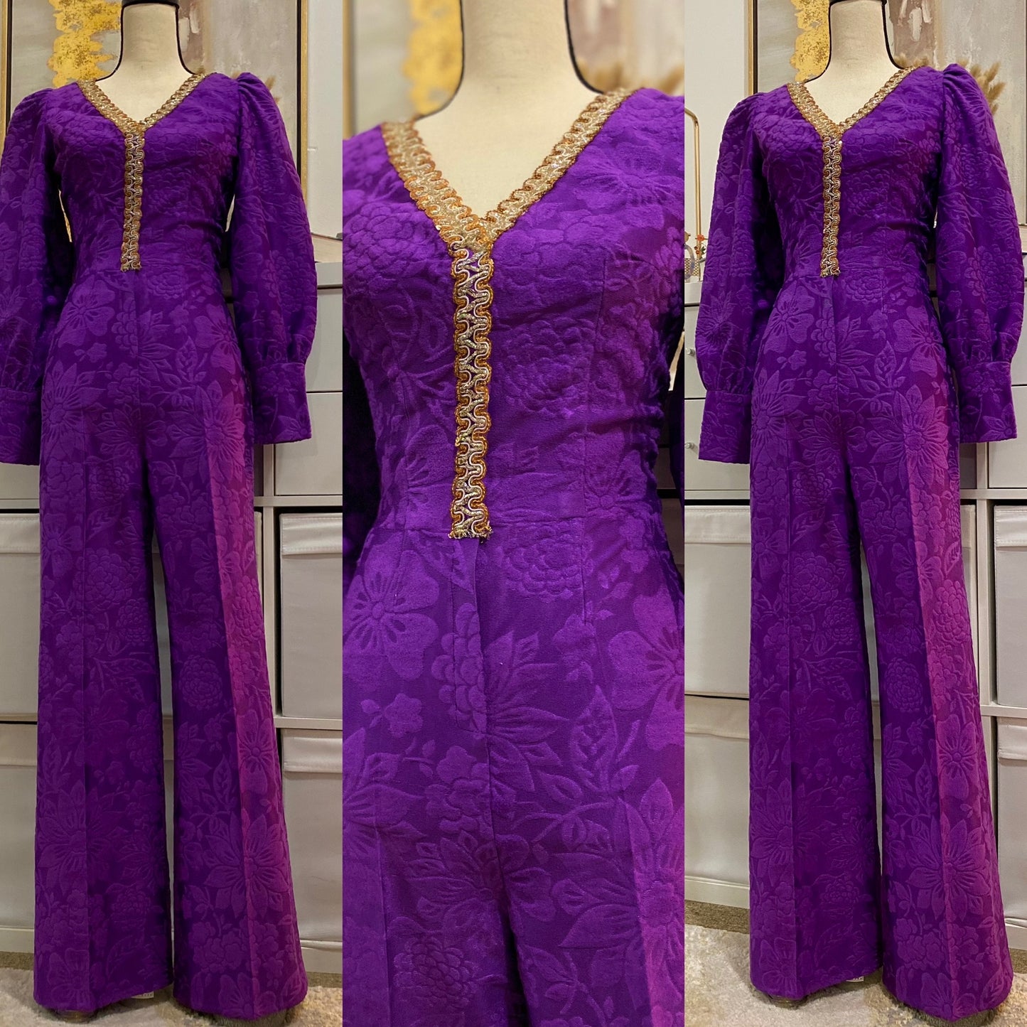 60's-70's Floral Embossed Velvet Wide Leg Jumpsuit (XS-S)