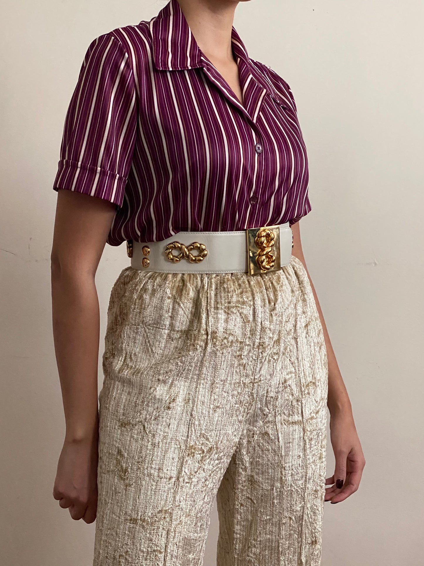 70's Striped Short Sleeve Button Up Top (M)