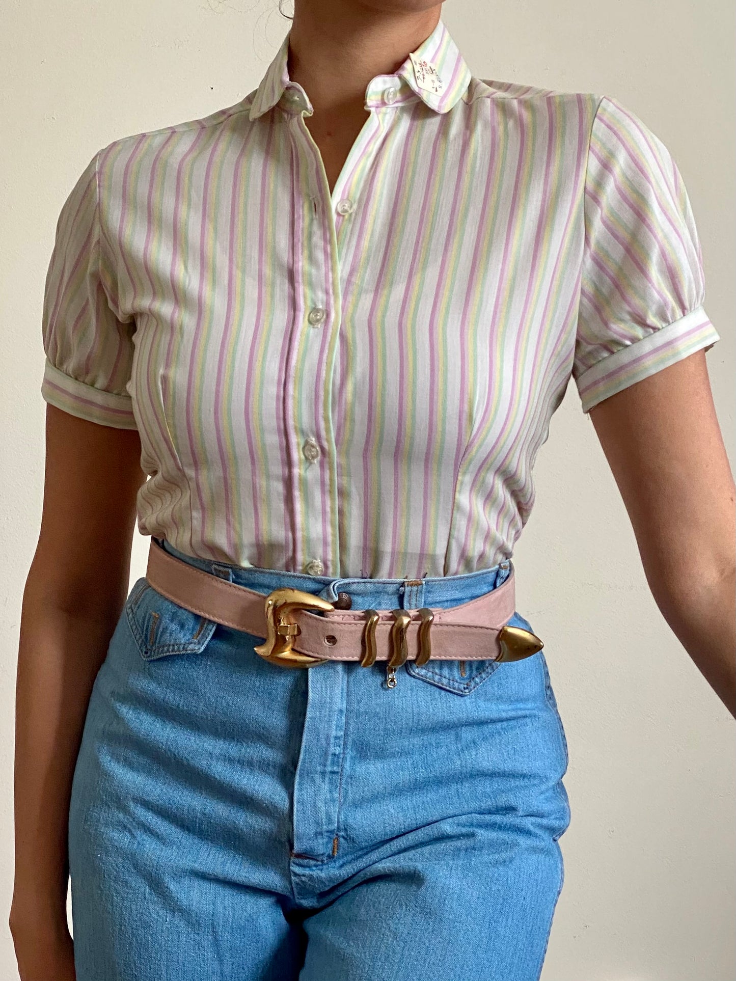 70's Striped Mini Puff Sleeve Top (XS)