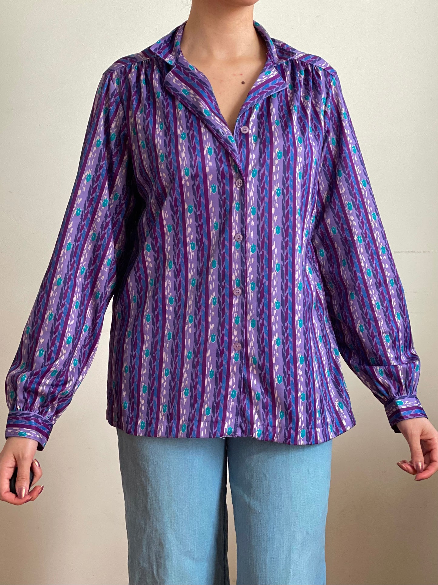 70's Purple Abstract Long Sleeve Blouse (S-M)