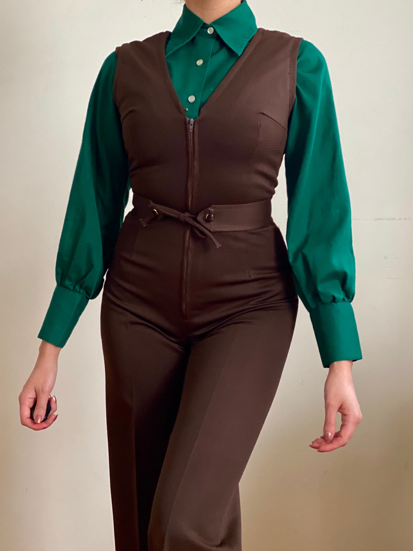 60's 70's Bishop Sleeves Pointy Collar Green Cotton Blouse (XS-S)
