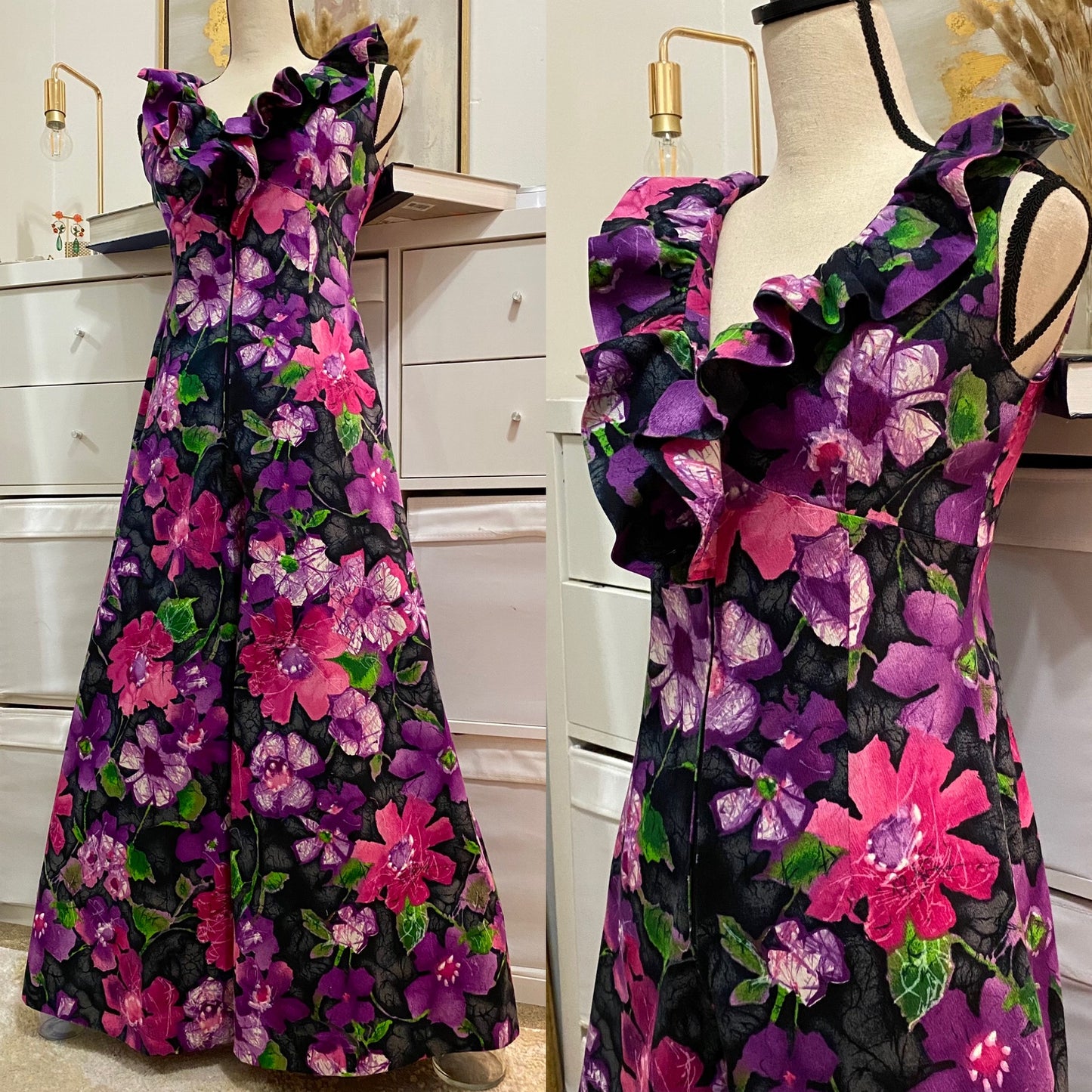60's-70's Floral Ruffle Bell Bottom Jumpsuit (M)