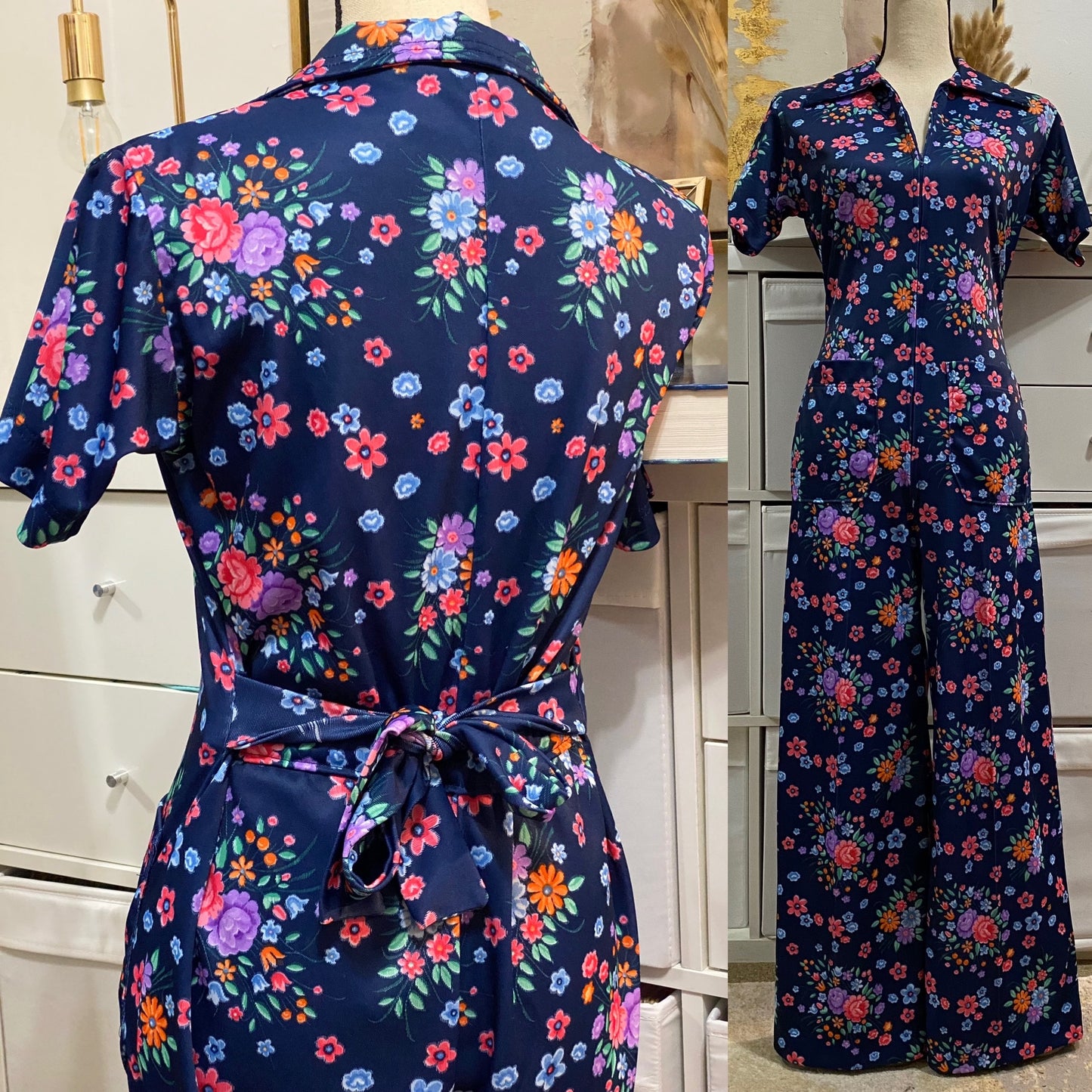 70's Floral, Zipper Front Wide Leg Jumpsuit (M-L)