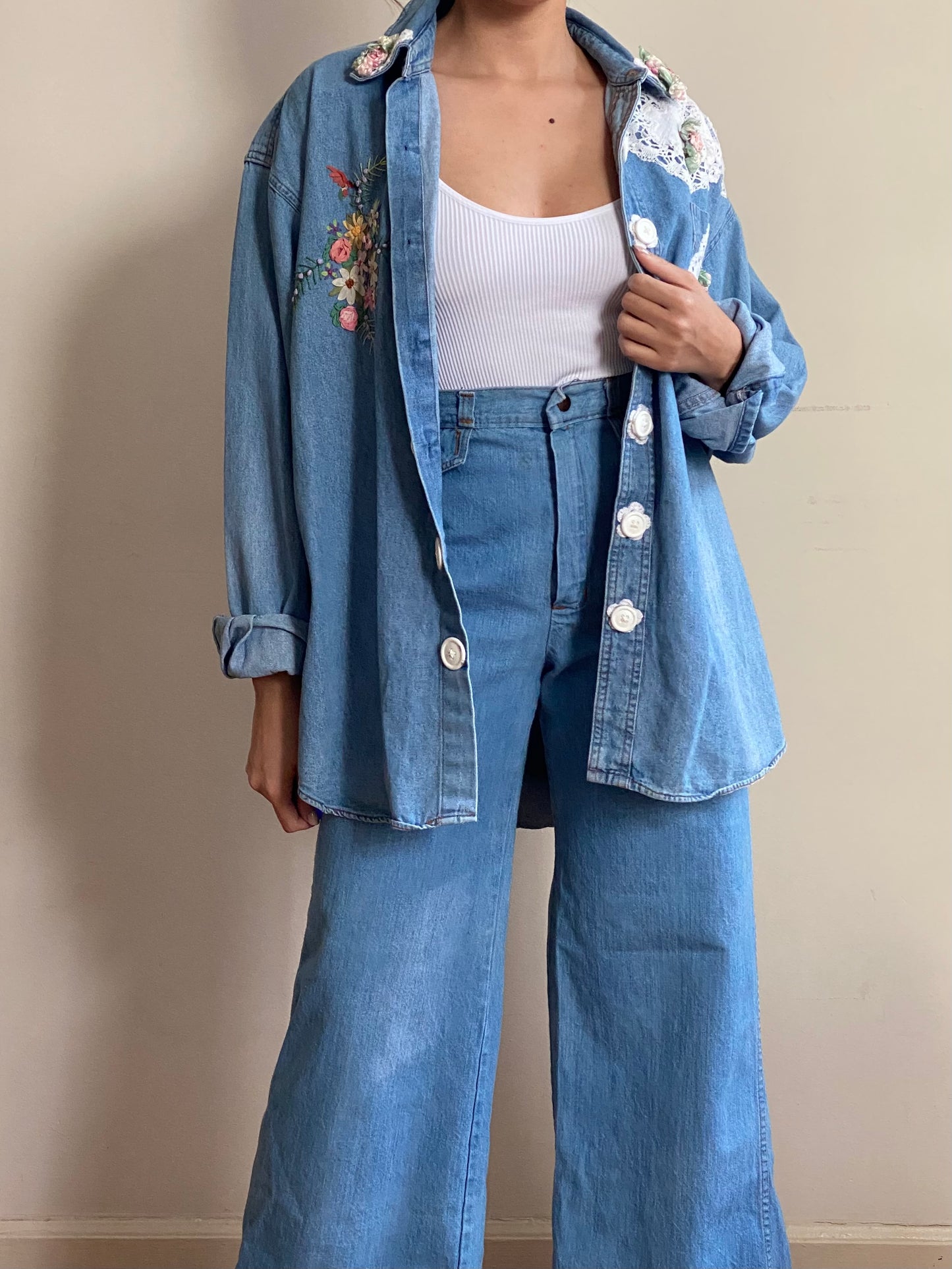 80's Lace & Crotchet Denim Jacket (L)