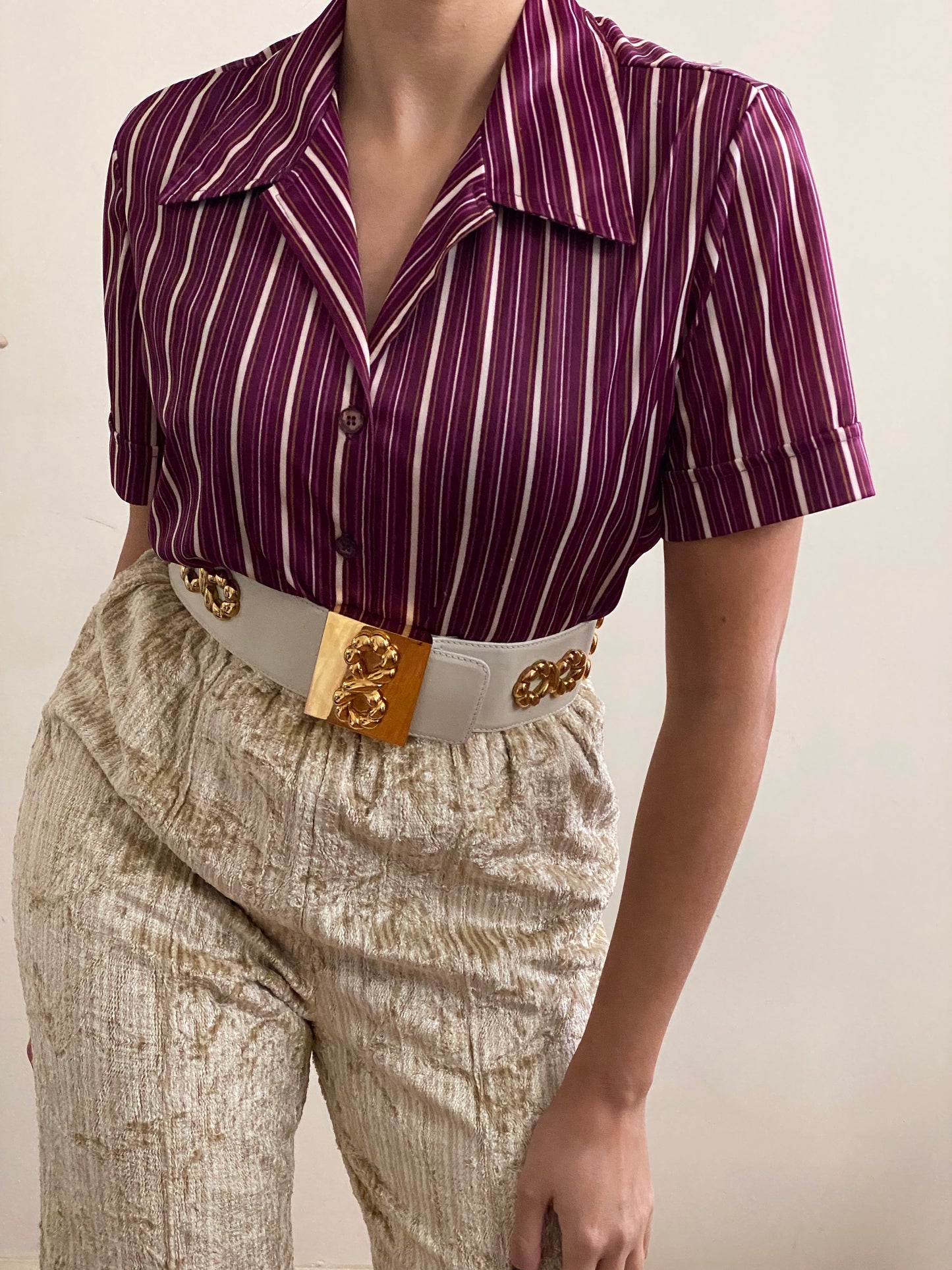 70's Striped Short Sleeve Button Up Top (M)