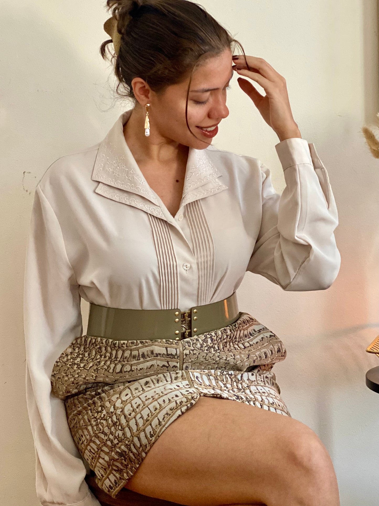 Floral Trim Tuxedo Style Collar Blouse