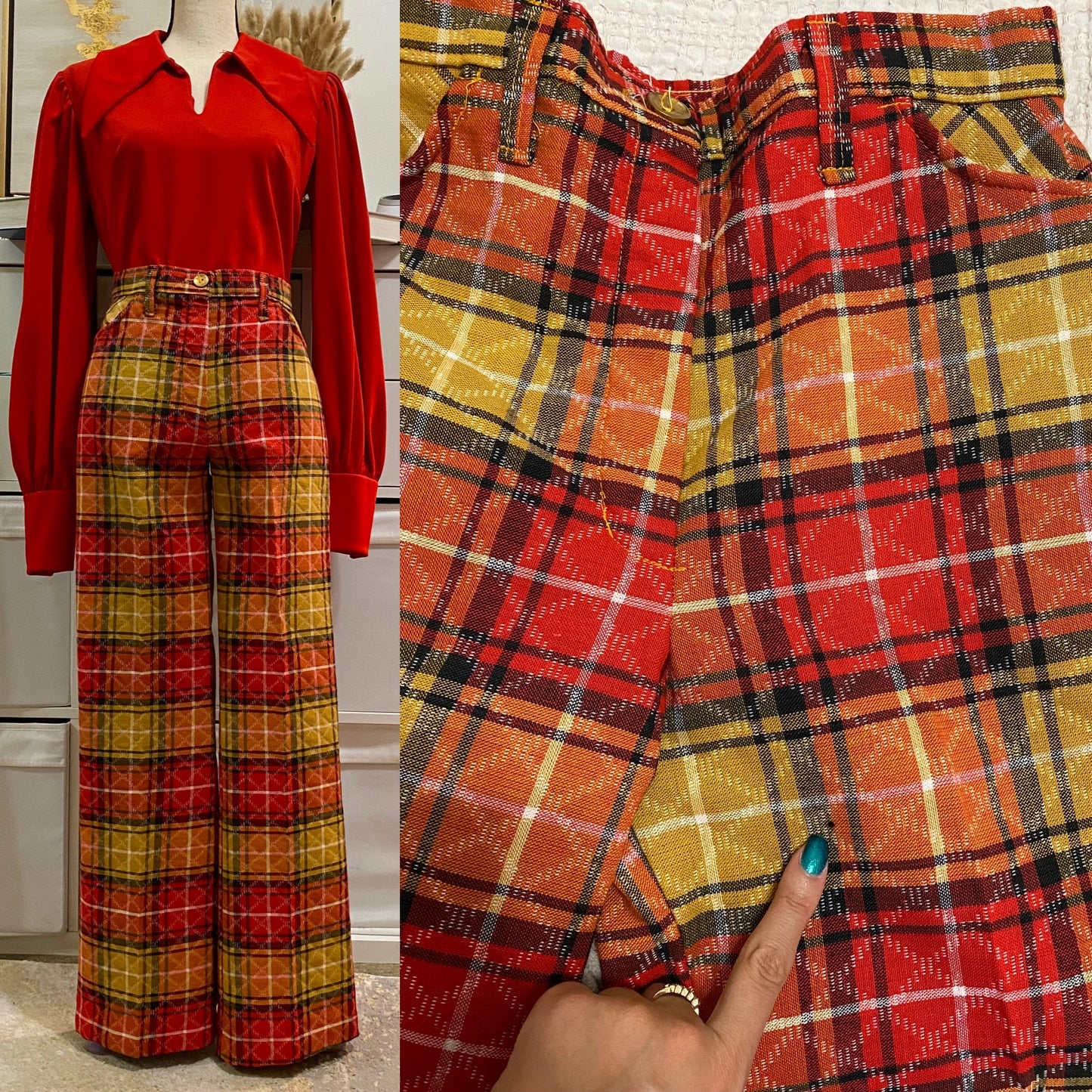 70's Midrise Plaid Bootcut Pants (S)