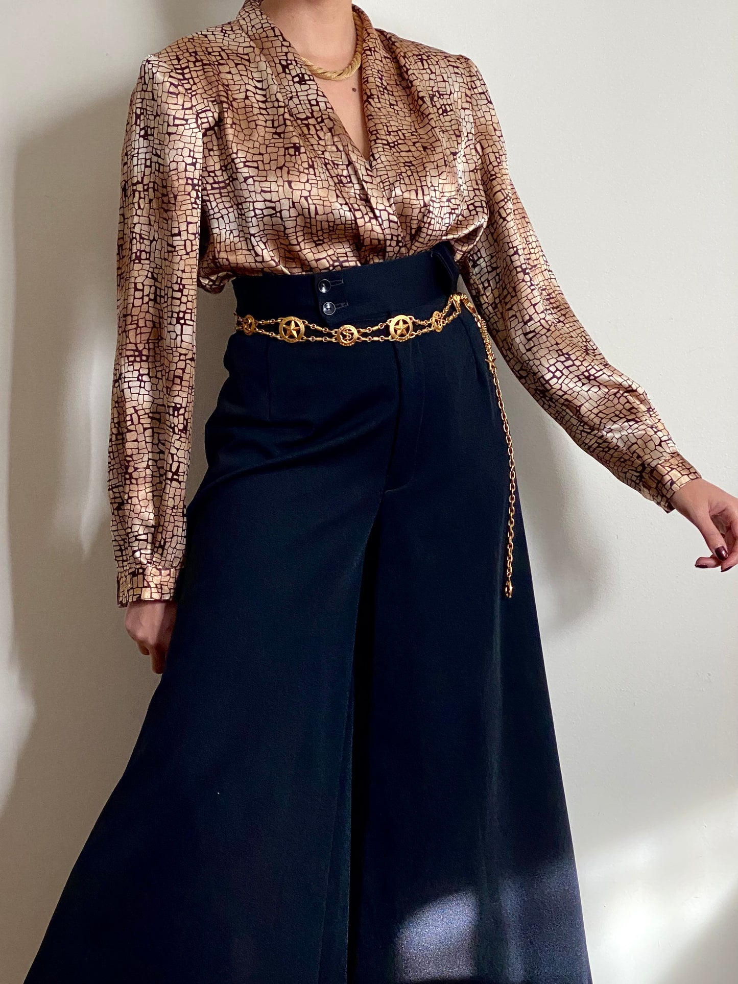 80's Golden Brown Abstract Draped Blouse (M)