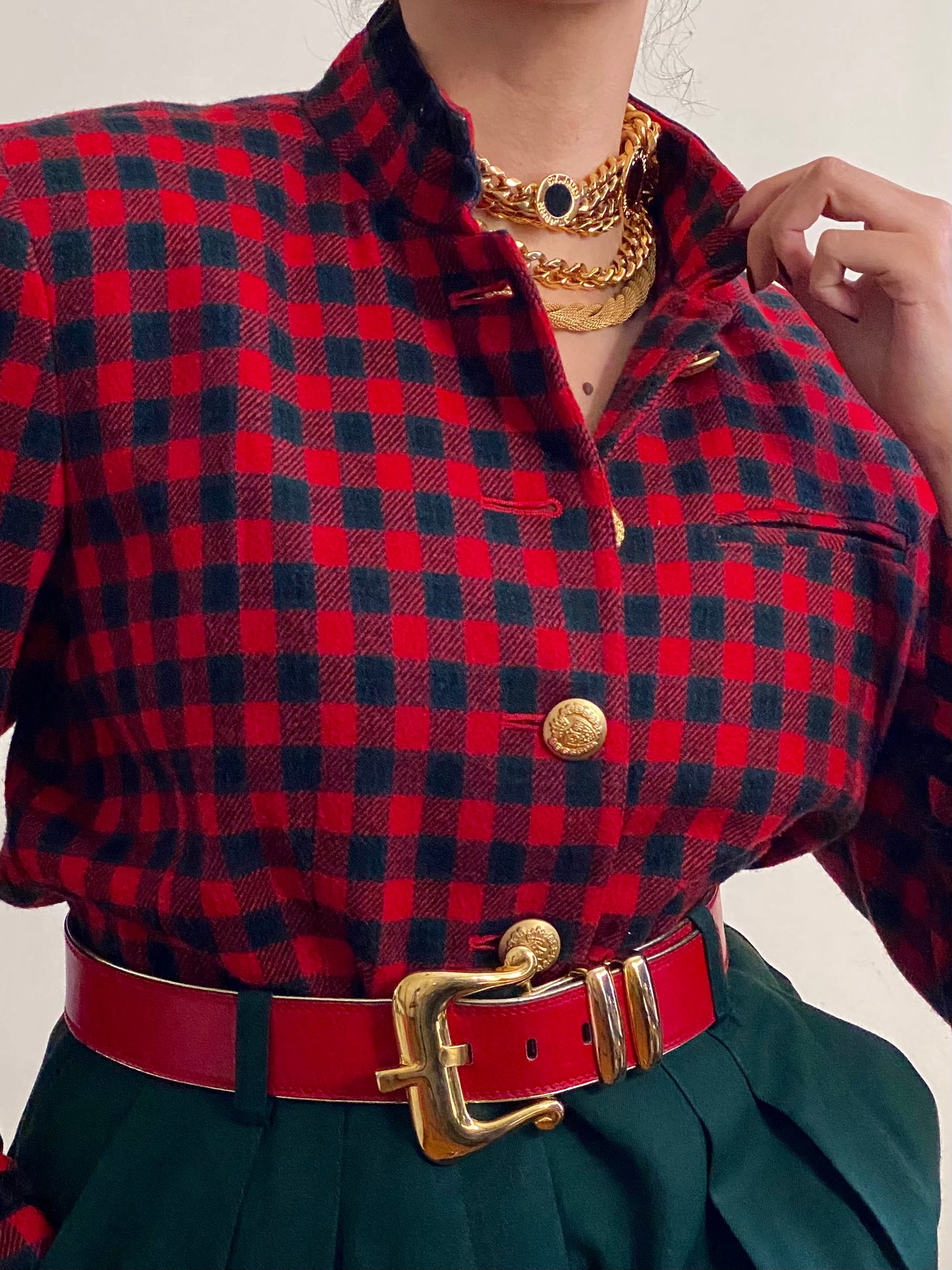 90's Buffalo Plaid Military Style Wool Blazer Jacket (S)