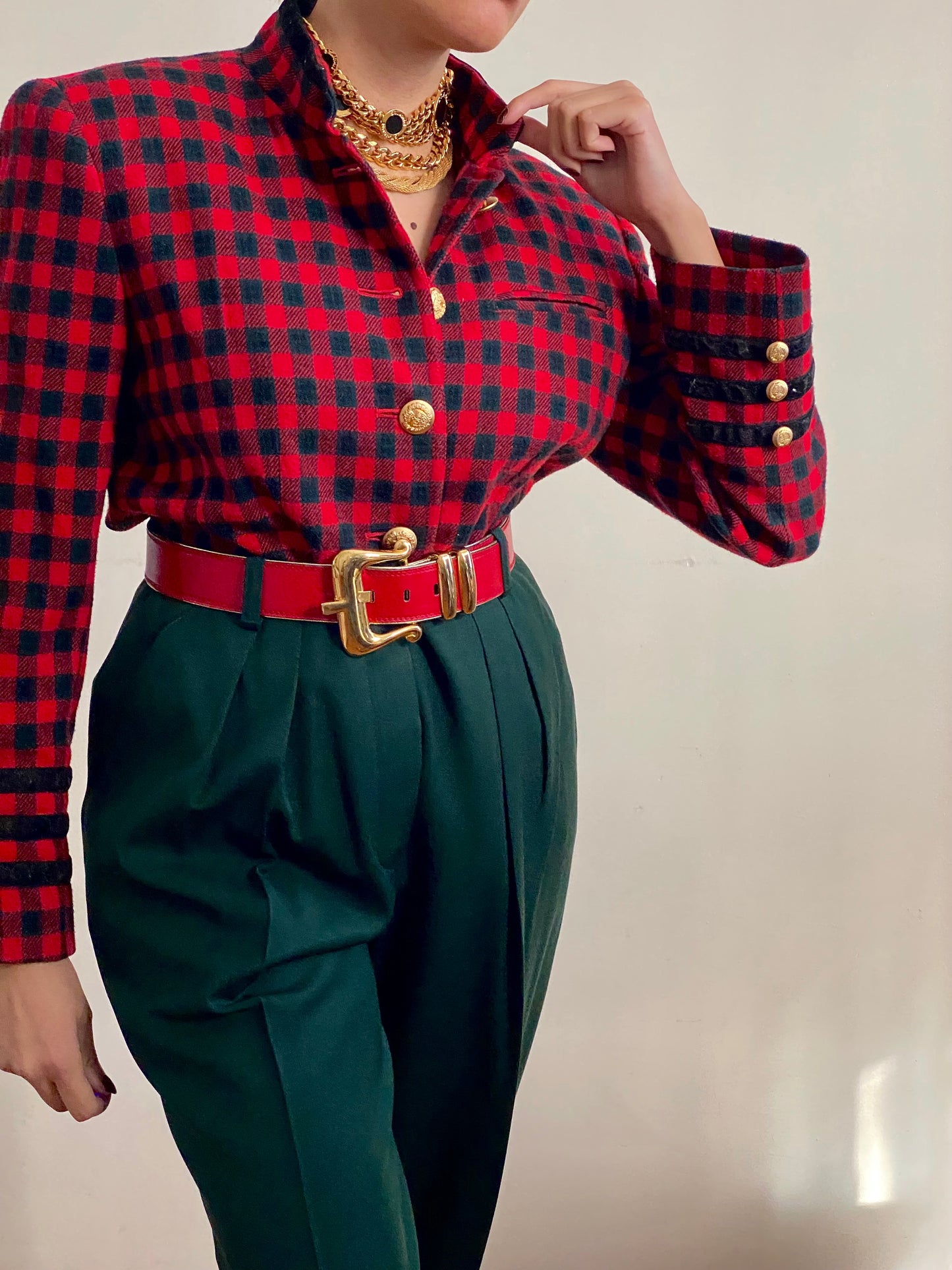 90's Buffalo Plaid Military Style Wool Blazer Jacket (S)