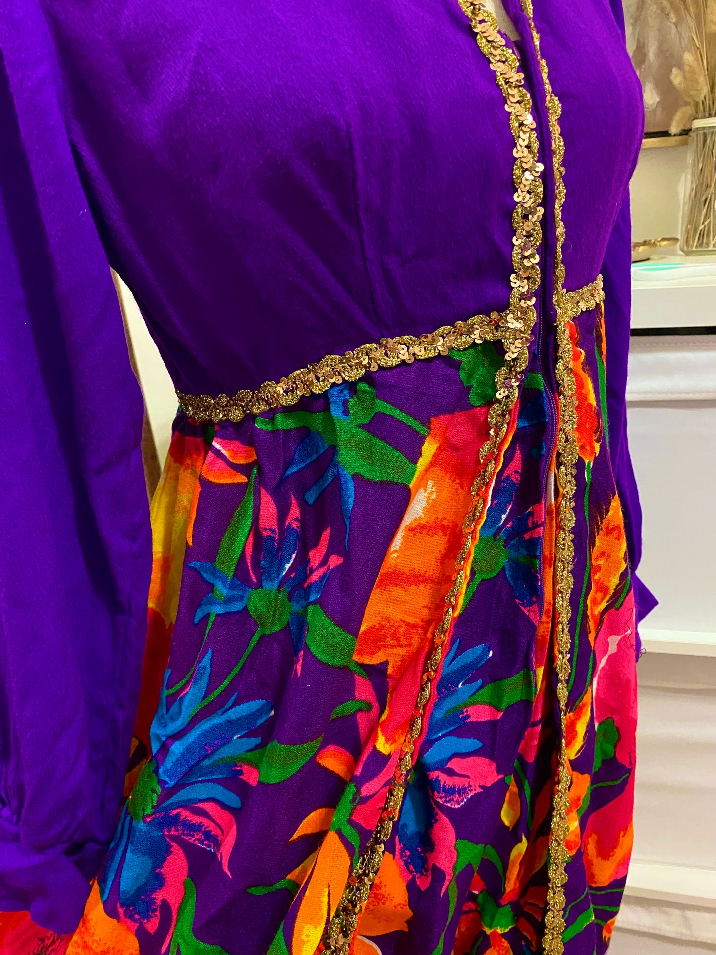 70's Floral Palazzo Jumpsuit with Gold Trim (S)