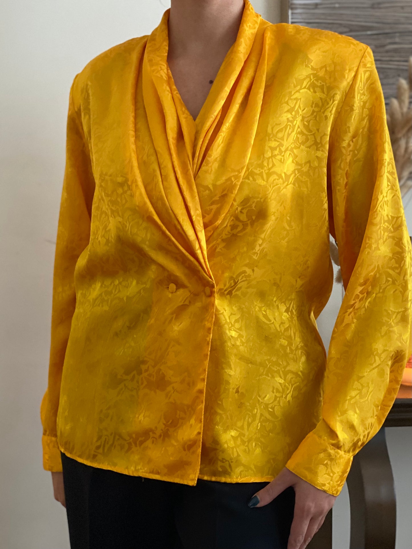Liquid Satin Gold Draped/Shawl Collar Blouse