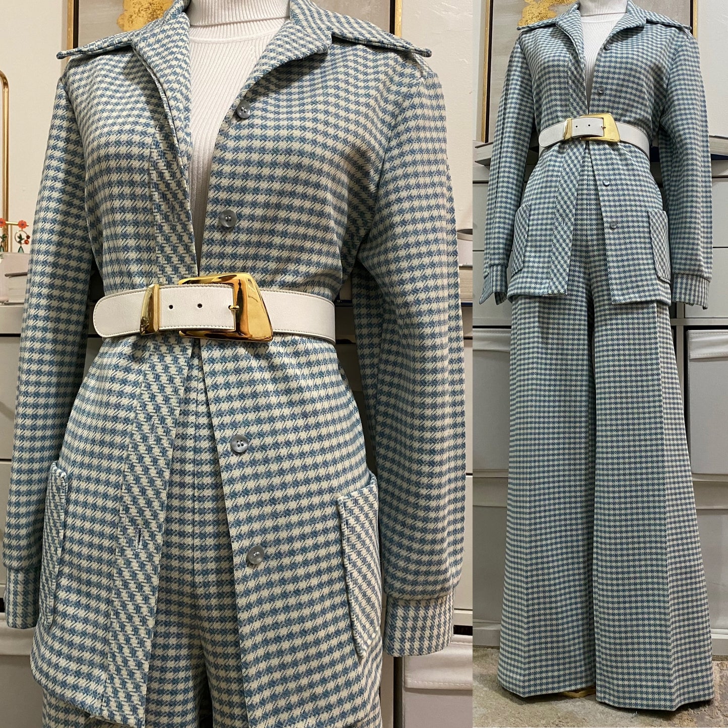 70's Powder Blue Houndstooth 3pc Wide Leg Pantsuit (XL, 34"-39"W)