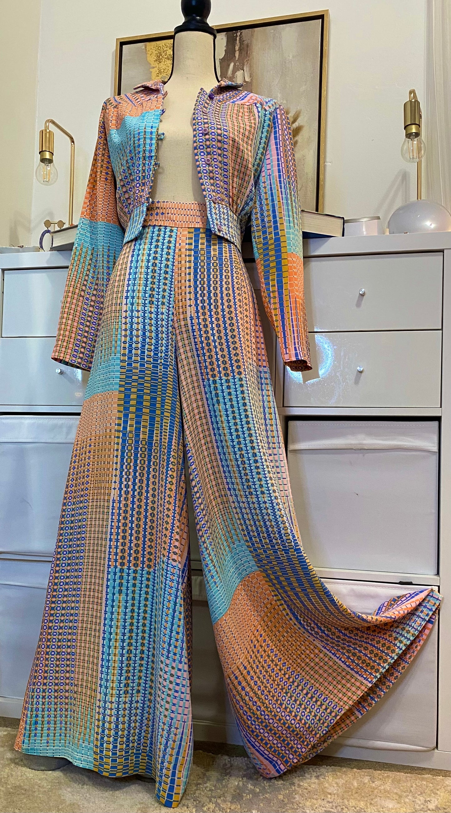 70's 2-Piece Set - Pastel Abstract - Bomber Jacket/Shirt & High Rise Palazzo Bottoms (M)