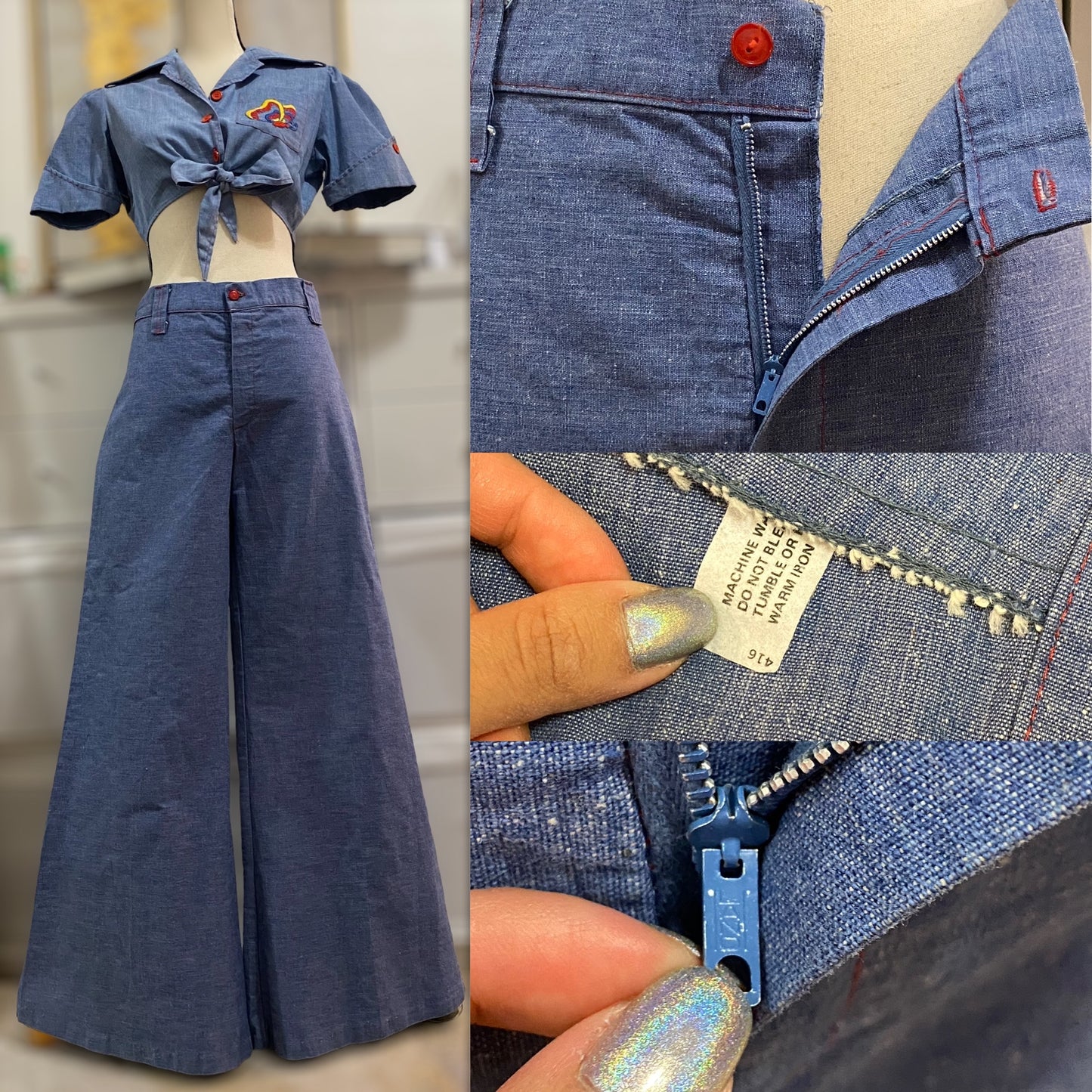 70s Denim Chambray Midrise Bell Bottom Pants (M, 31"W)