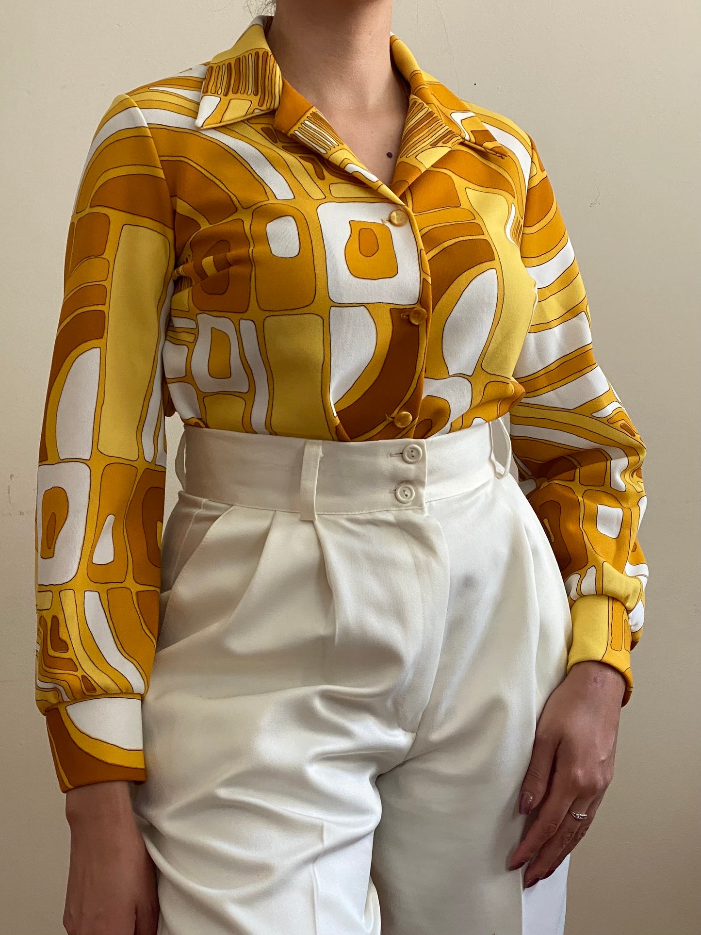 60s 70s Geometric Mod Micro Mini/Blouse w/ Long sleeve (M-L)