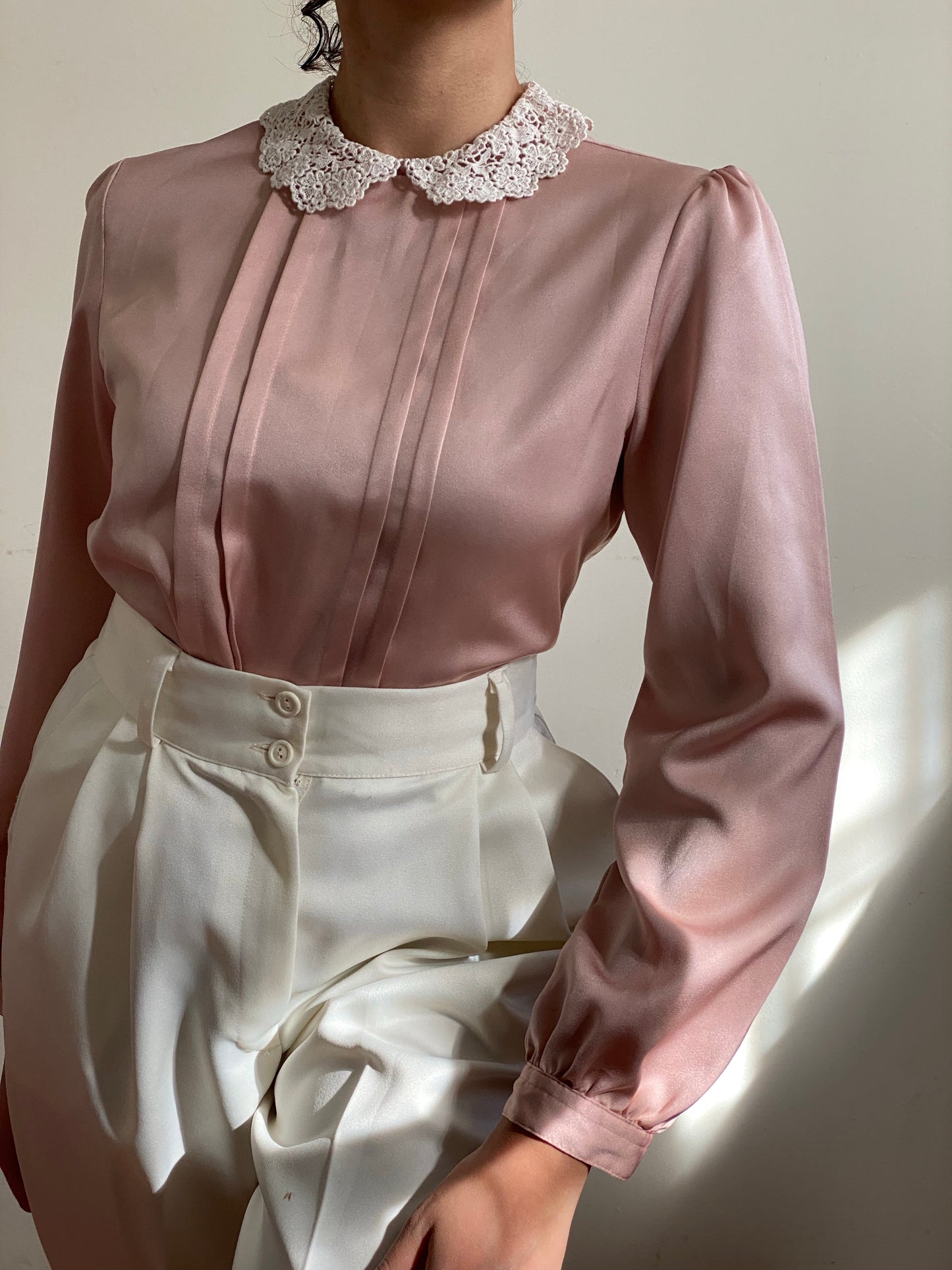 80's Lace Collar Silky Long Sleeve Blouse (S)