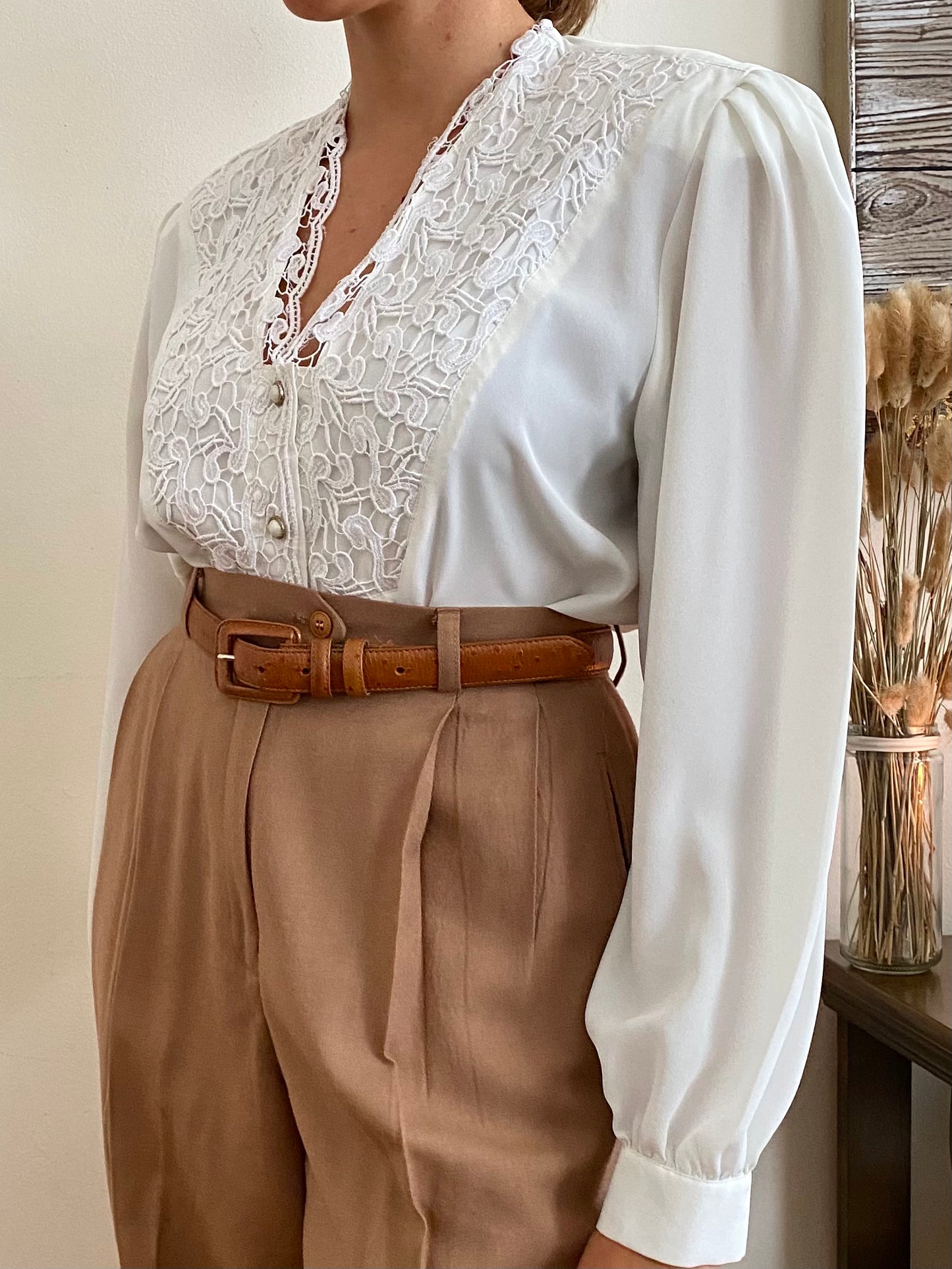 Lace trim long sleeve blouse