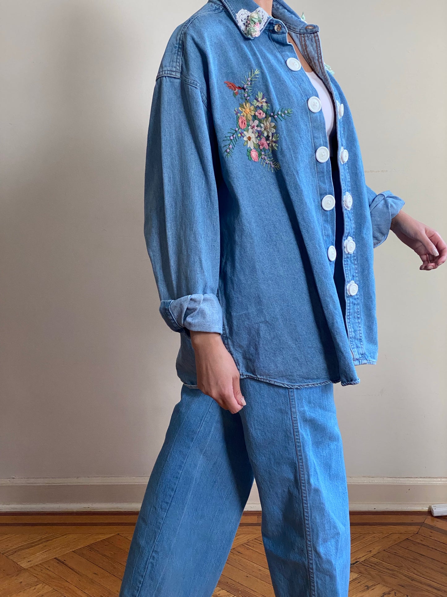 80's Lace & Crotchet Denim Jacket (L)