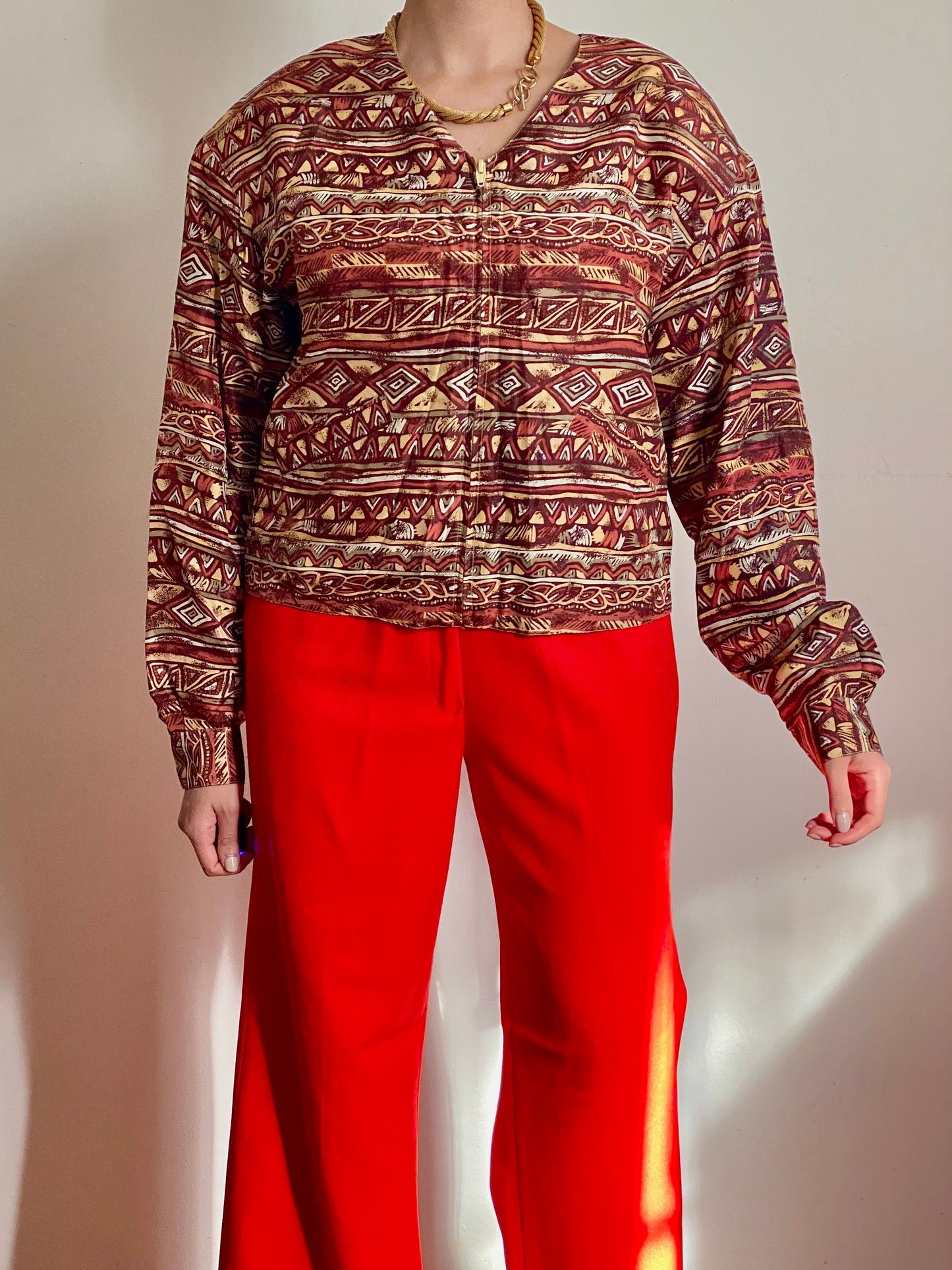 90's Abstract Tribal Pattern Bomber Silk Jacket