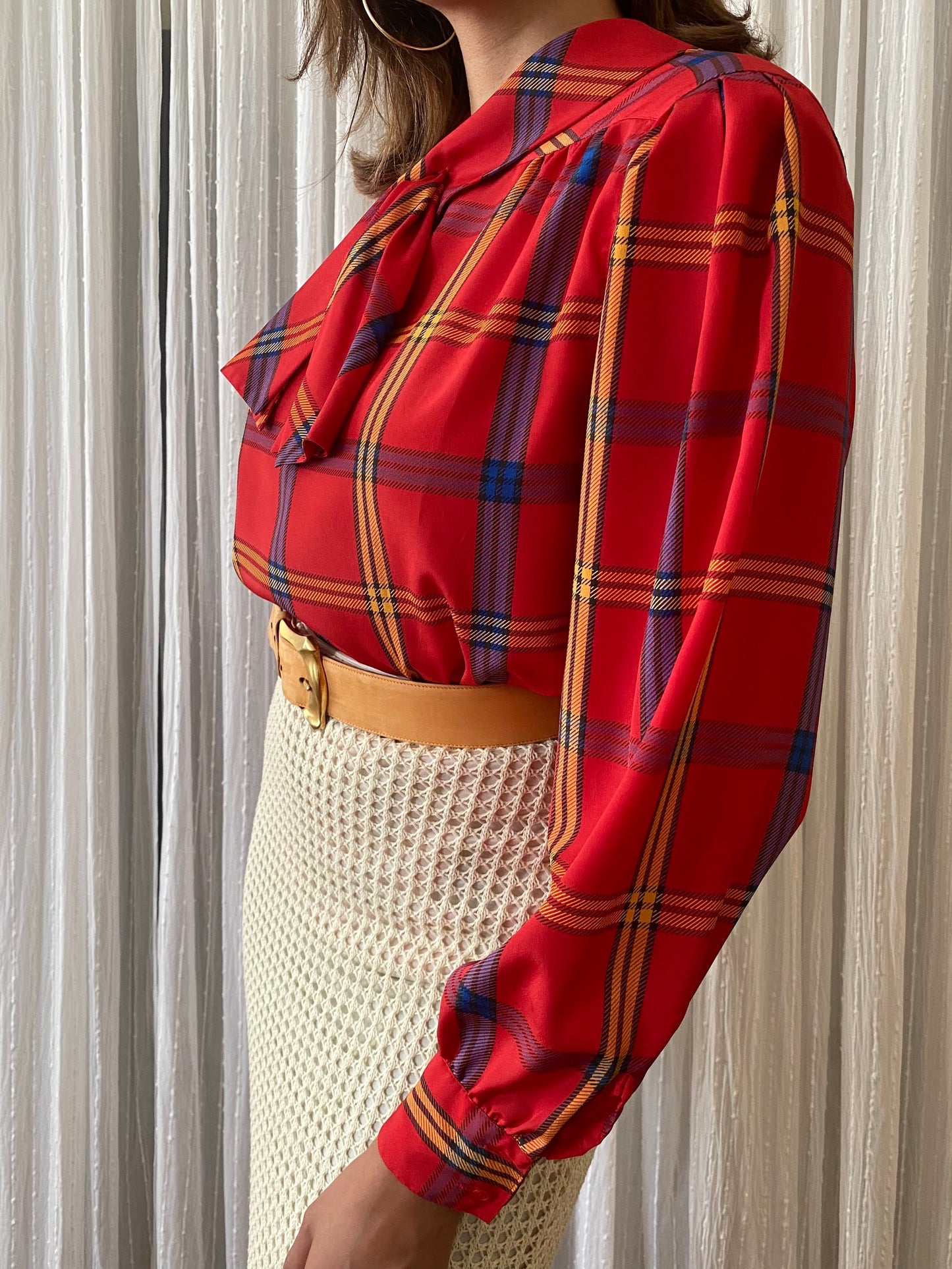 Plaid long sleeve top with small pussy bow tie neck