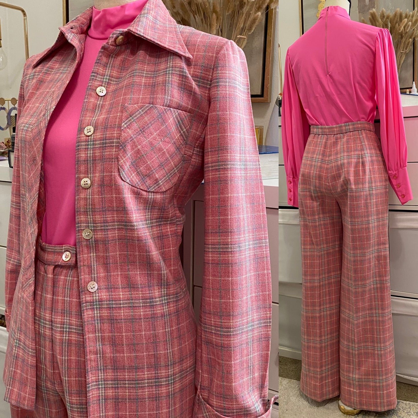60s 70s 2pc Wide Leg Plaid Cotton Pantsuit (XS-S)