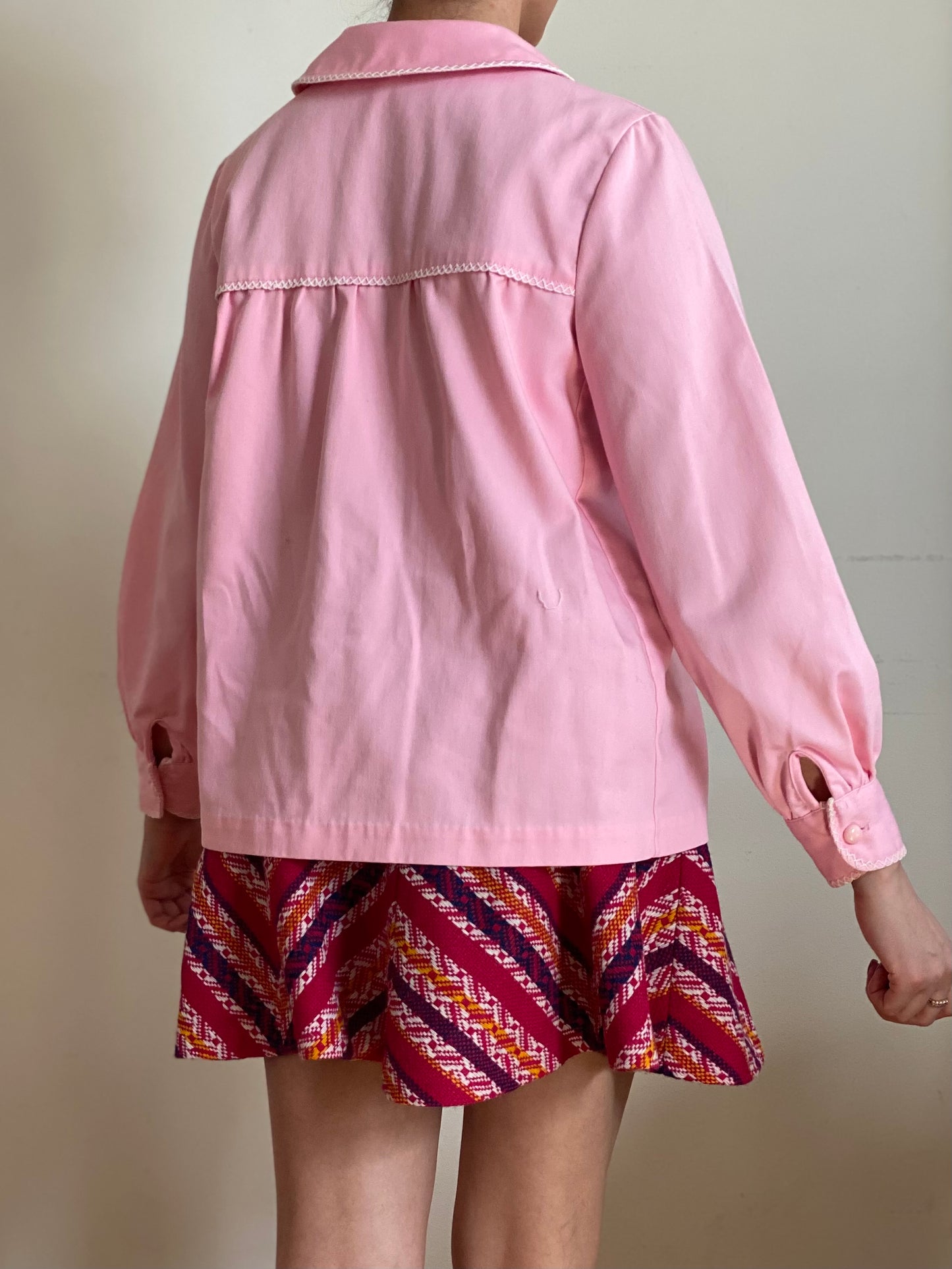 70's Bubblegum Pink Peter Pan Collar Puffy Sleeve Blouse (S-M)