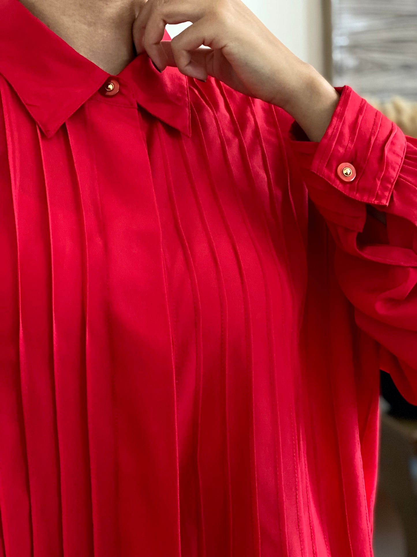 Pleated Front with Accent Button Long Sleeve Blouse