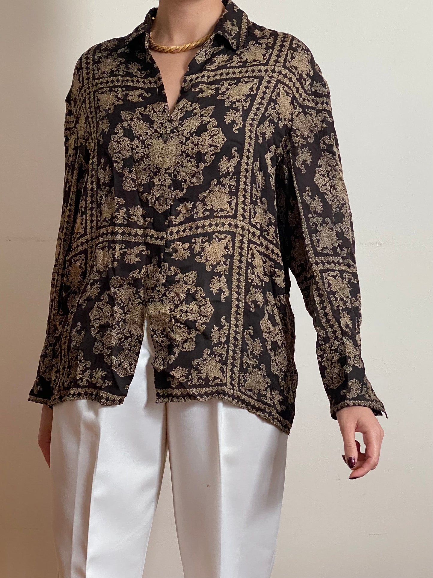 Y2K Silk Brown Abstract Long Sleeve Blouse (M)