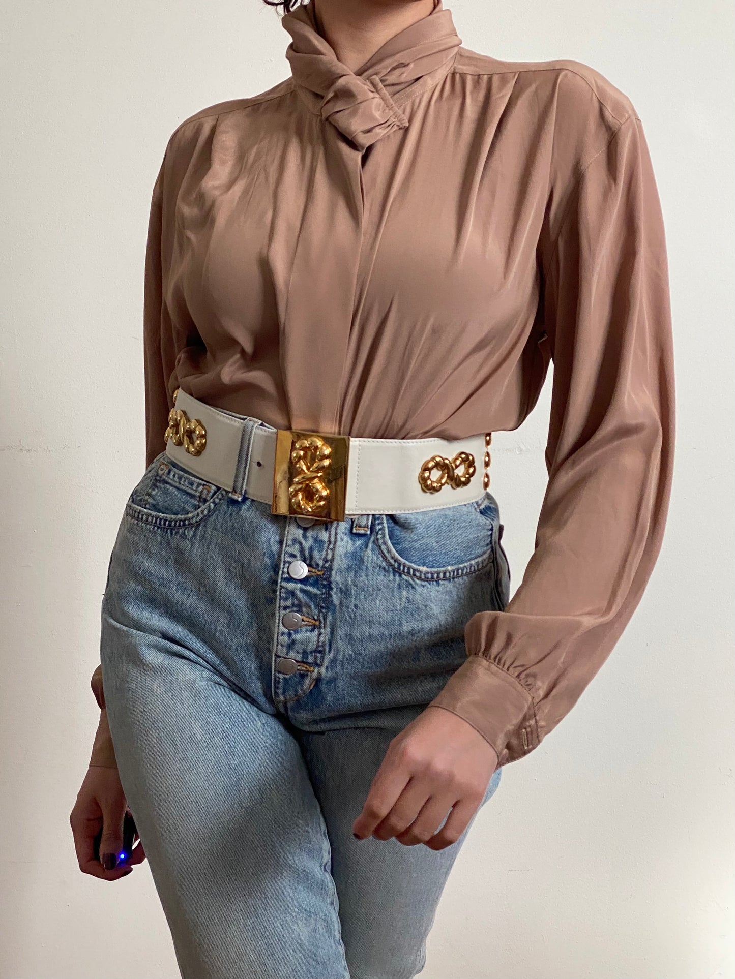90's Mock Jabot Collar Long Sleeve Blouse (M)