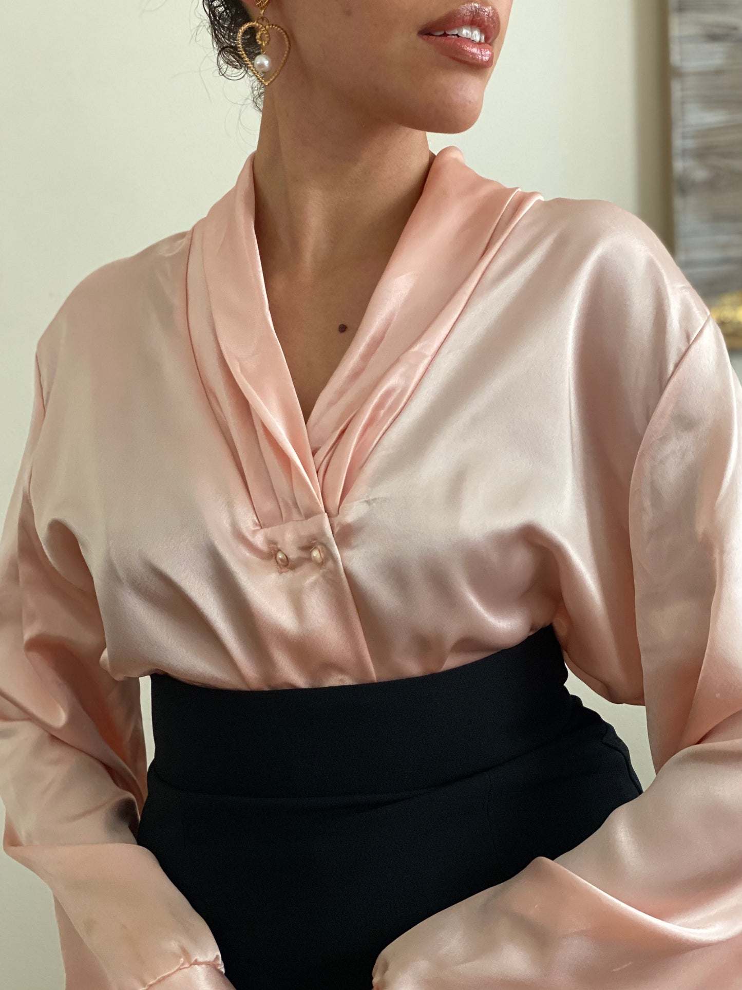 Liquid Satin Shawl Collar with Pearl Buttons Long sleeve blouse