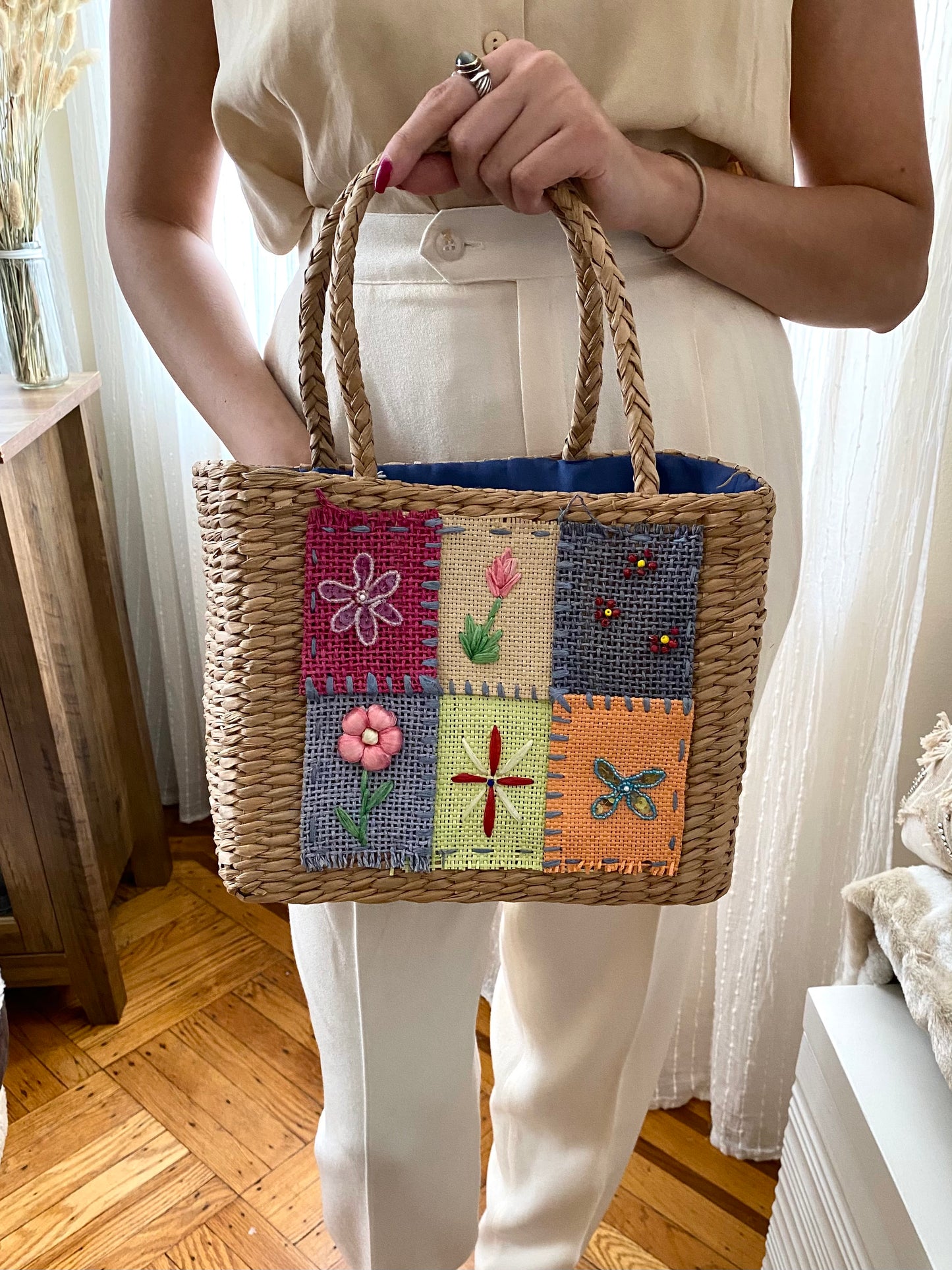 Flower Woven Straw Basket Bag