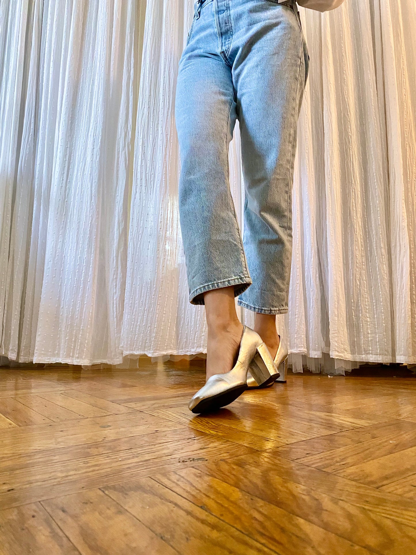 Silver Square Toe Block Heel Pumps