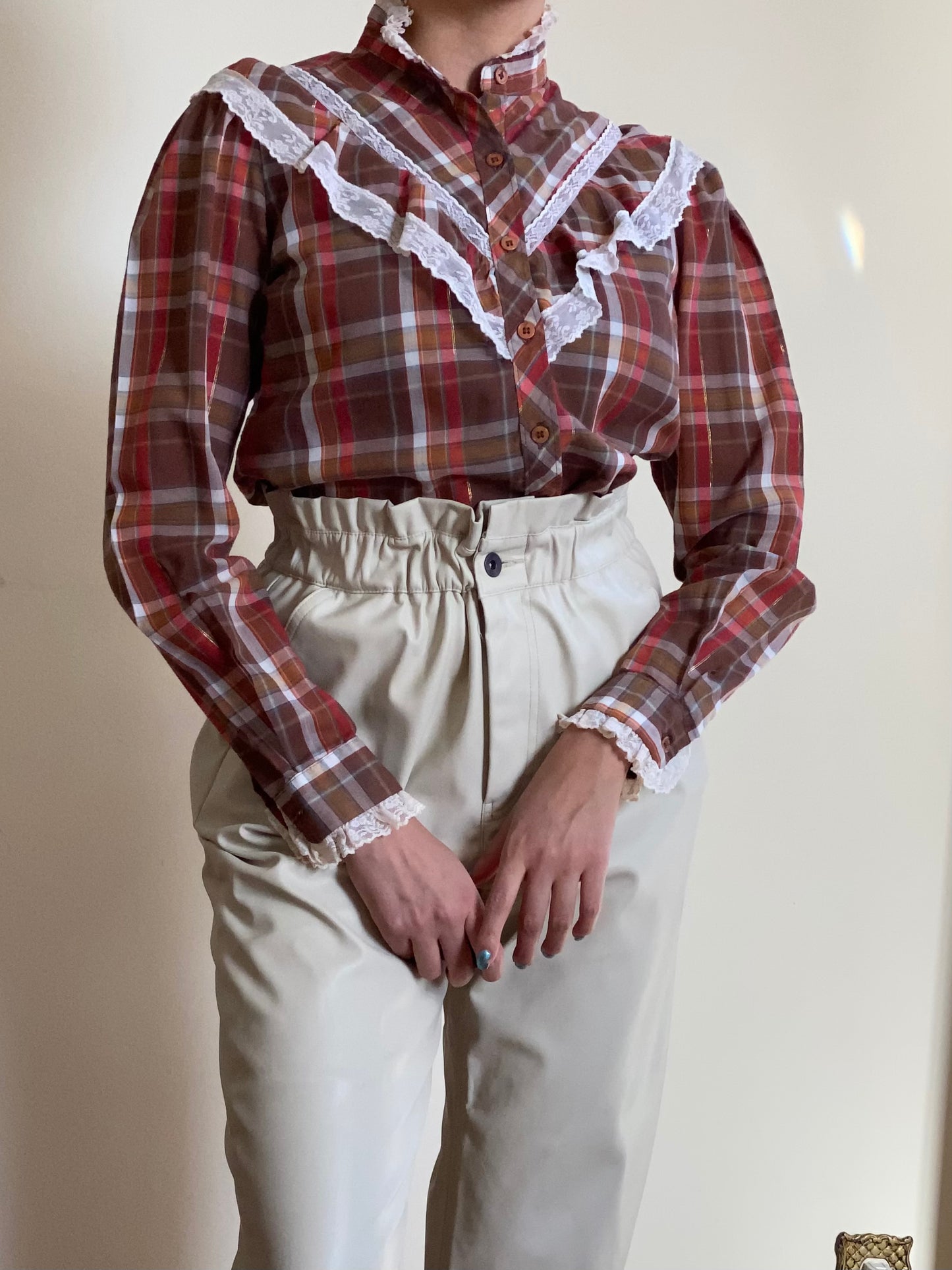 70's Western Style Ruffle Lace Blouse (S)