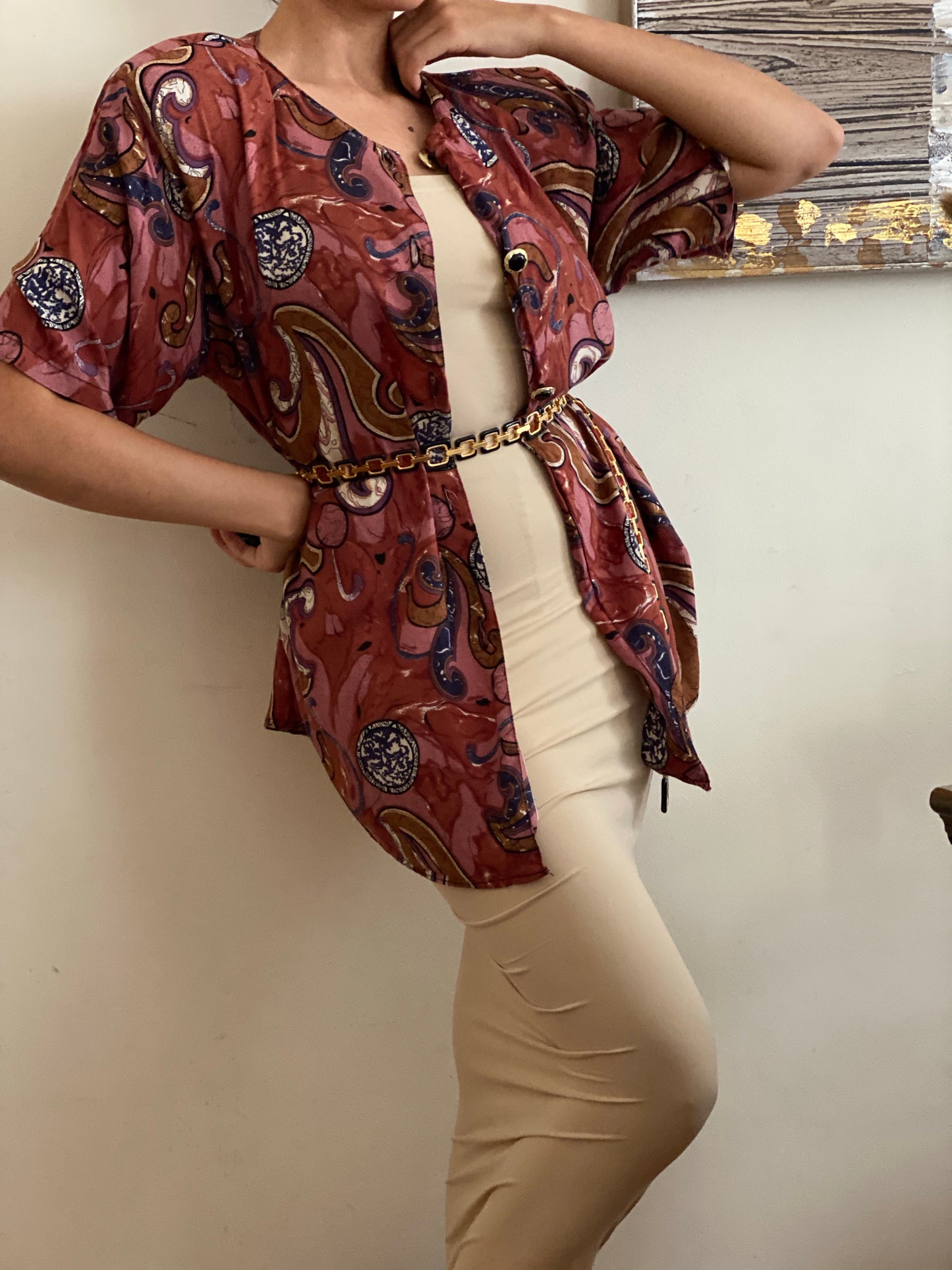 Boho Abstract Pattern with Decorative Buttons Short Sleeve Top
