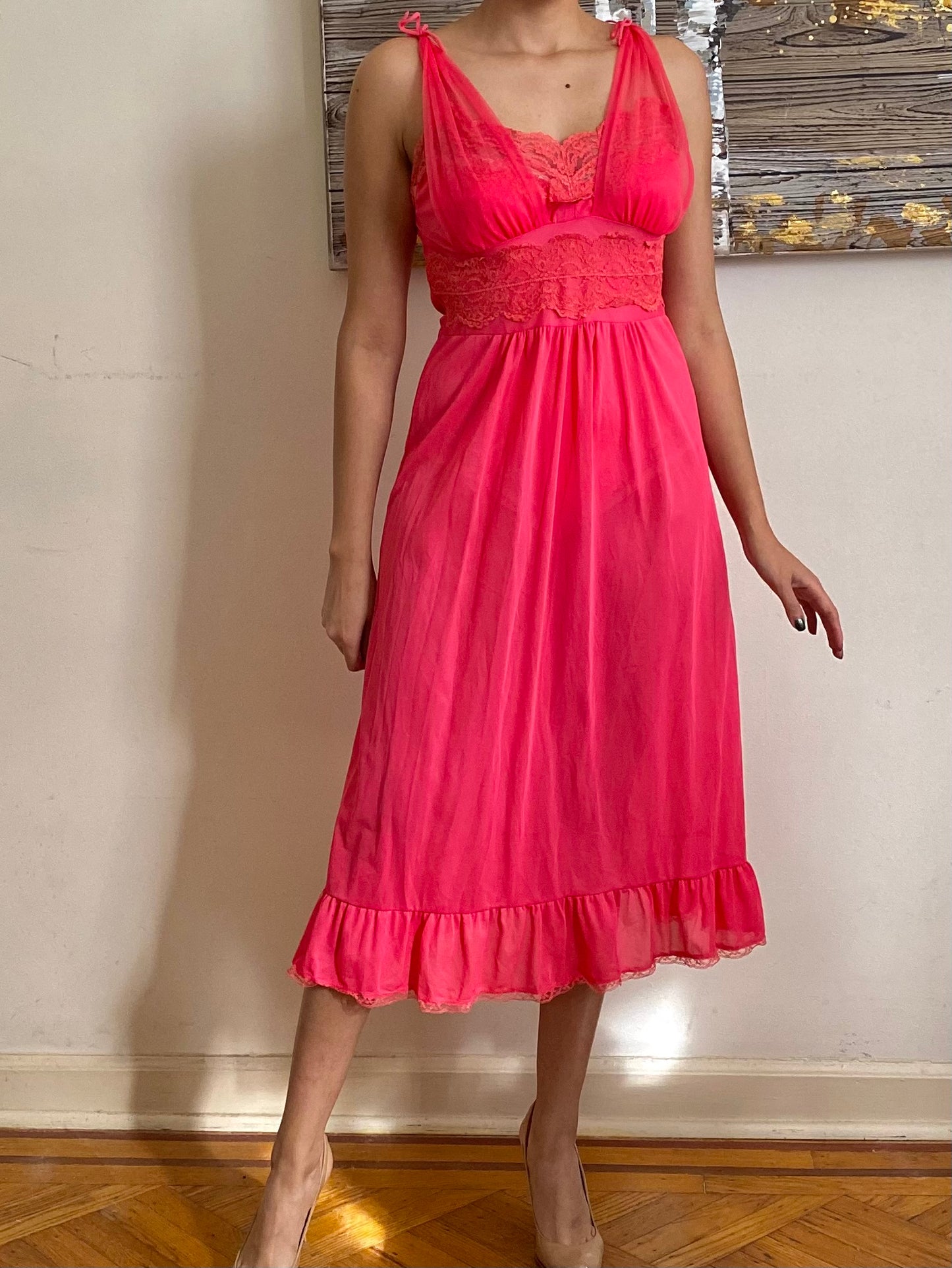 60's Pink Lace Full Slip Dress (S-34)