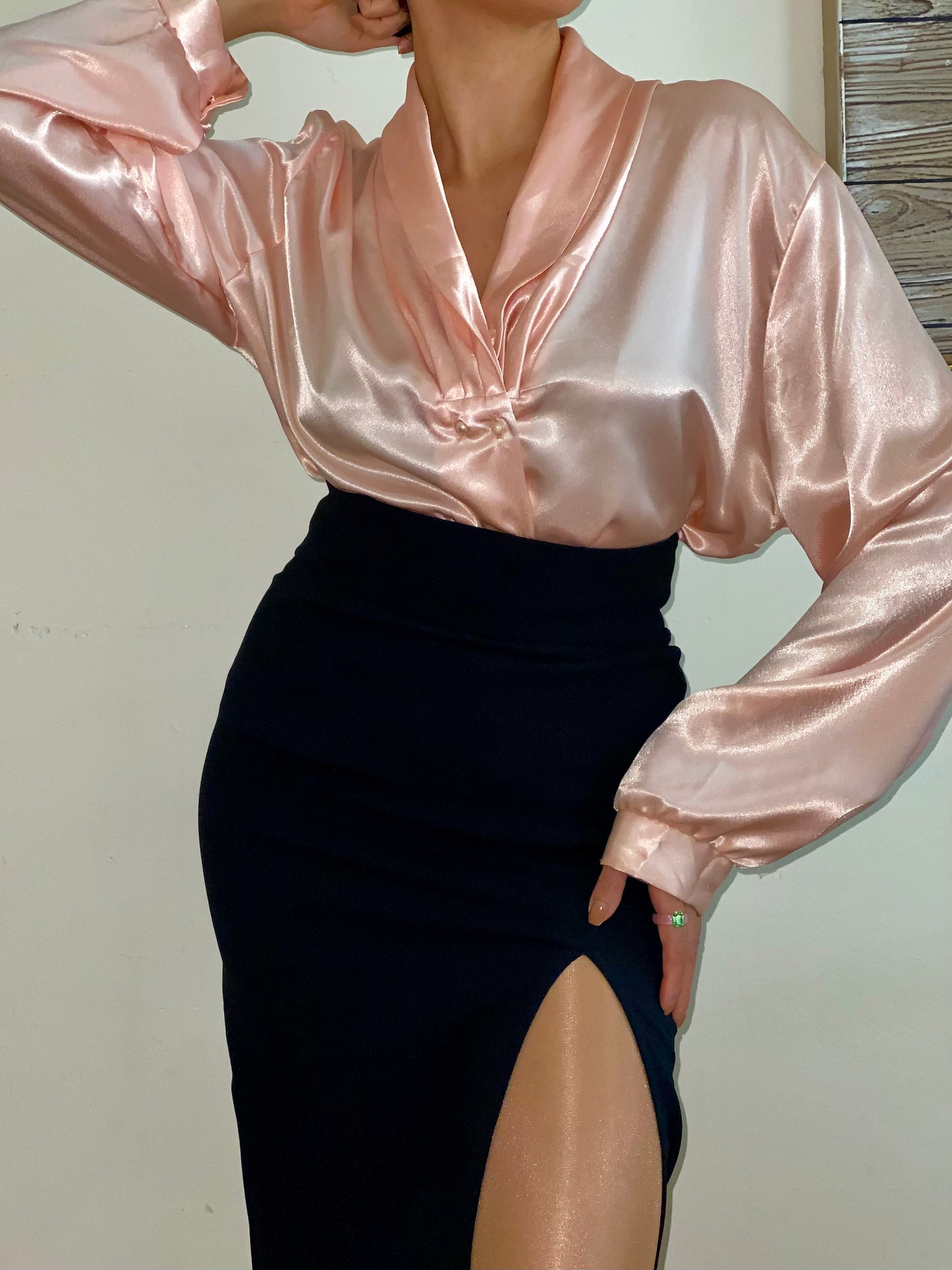 Liquid Satin Shawl Collar with Pearl Buttons Long sleeve blouse
