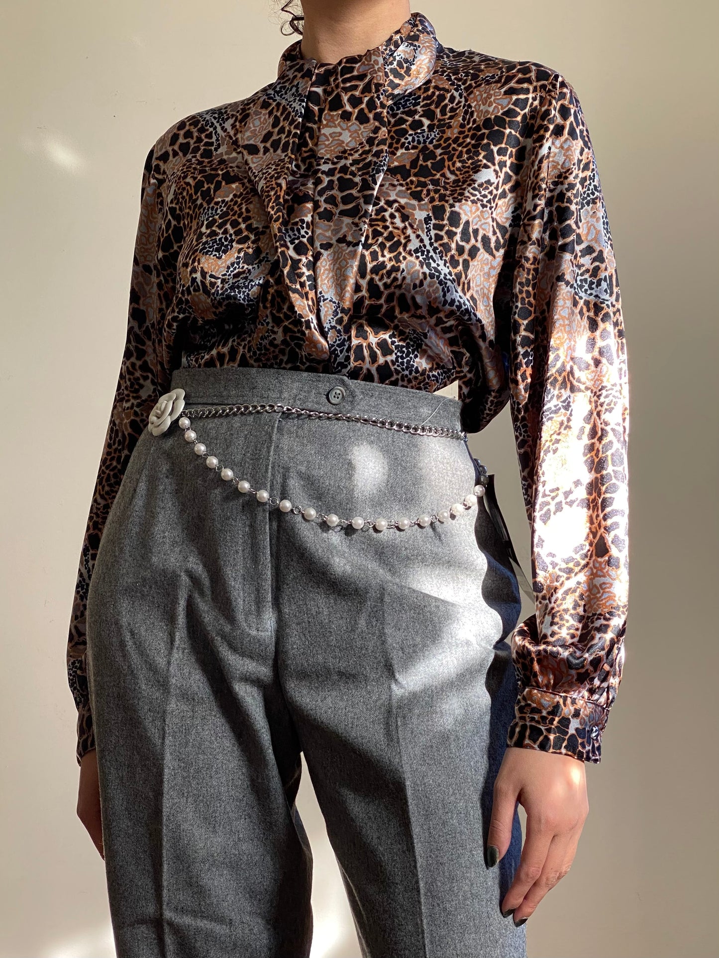 80's Animal Print Mock Neck Long Sleeve Blouse (M)