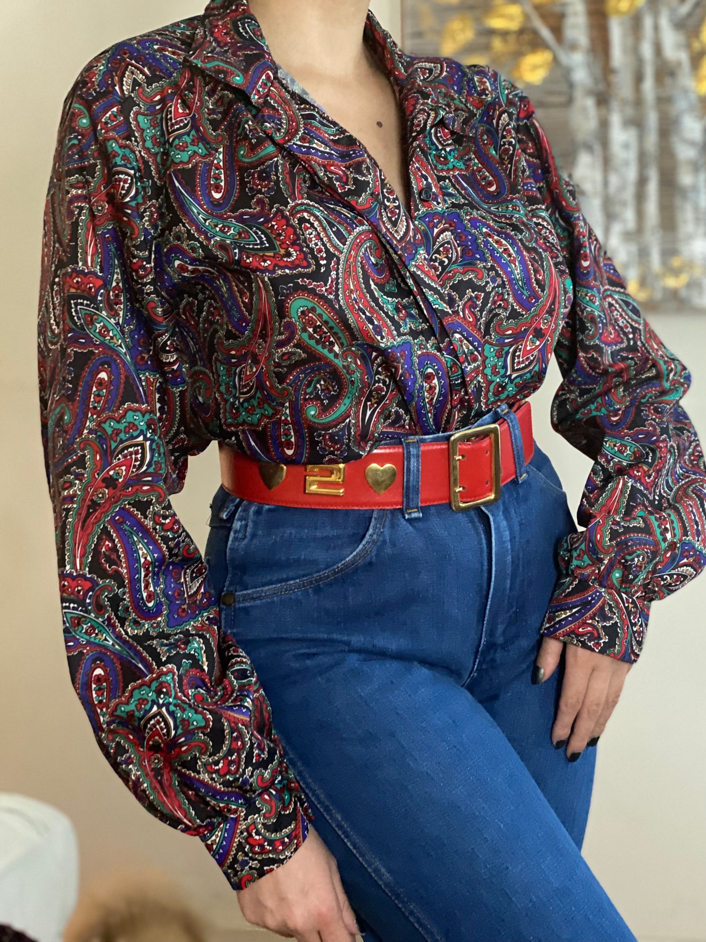 80's Abstract Paisley Long Sleeve Button Down Blouse (18)