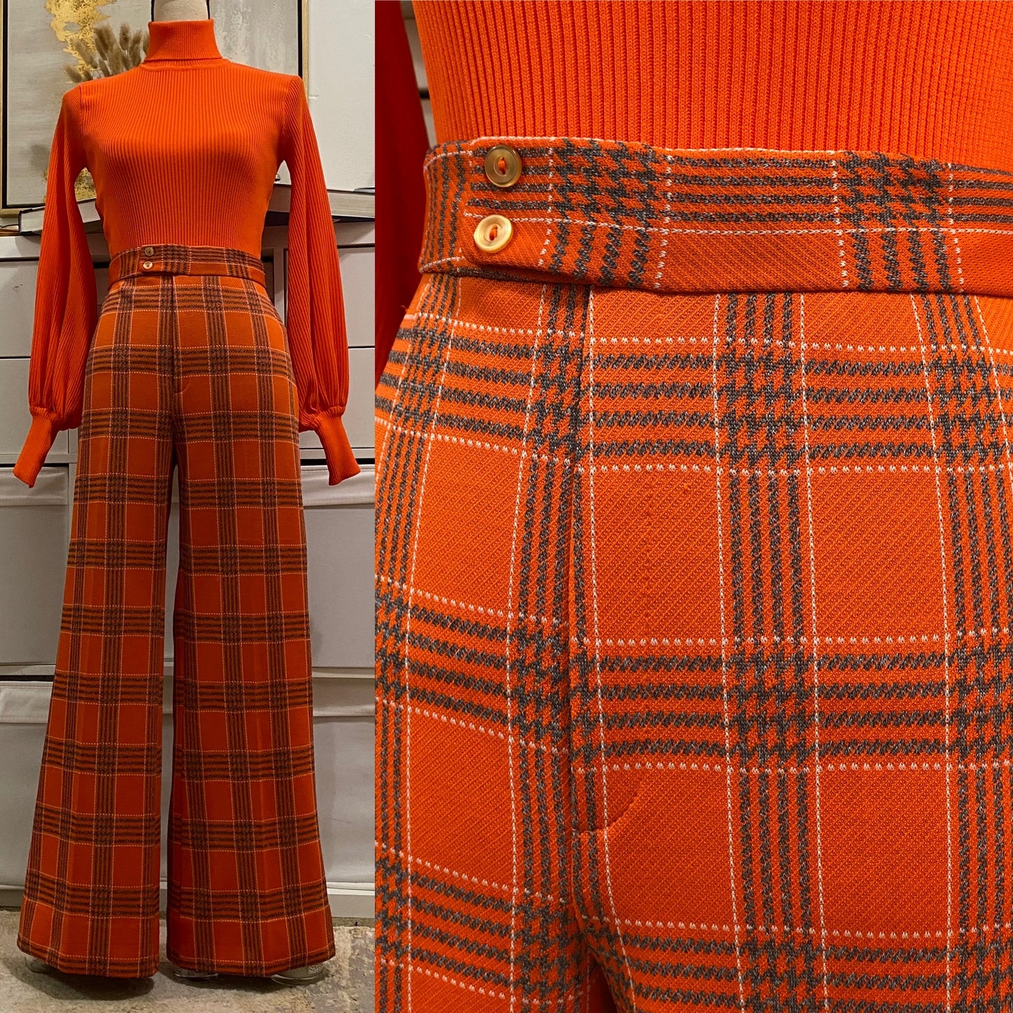 70's Plaid 2Pc Wide Leg Pantsuit (M, 31"-34"W)