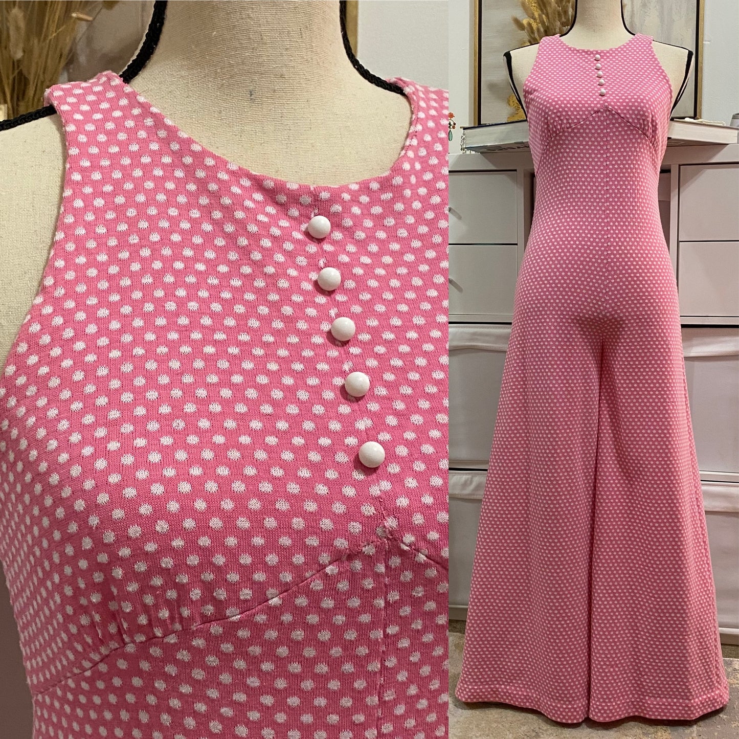 60's- 70's Pink Polka Dot Palazzo Jumpsuit (S-M)